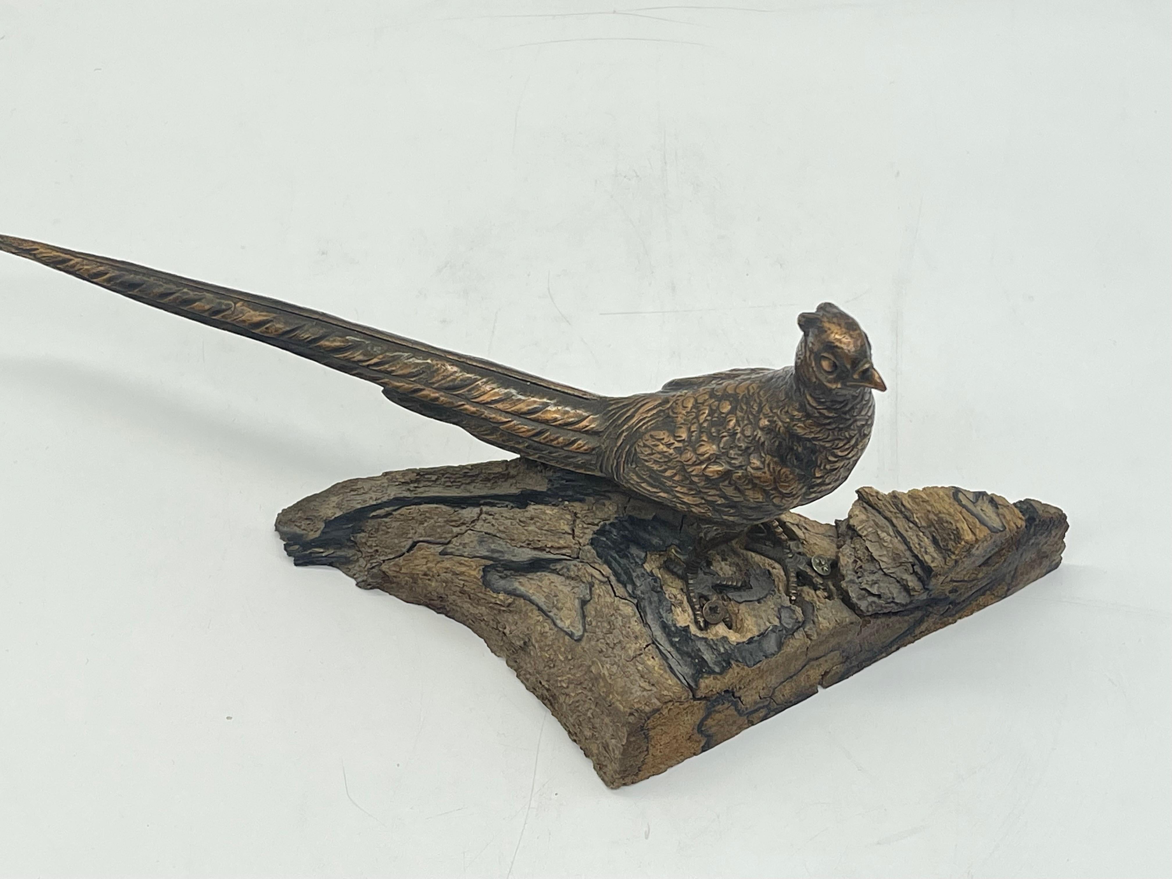Antique Bird Bronze Sculpture / Figure sitting on wood pine- / fir wood For Sale 5