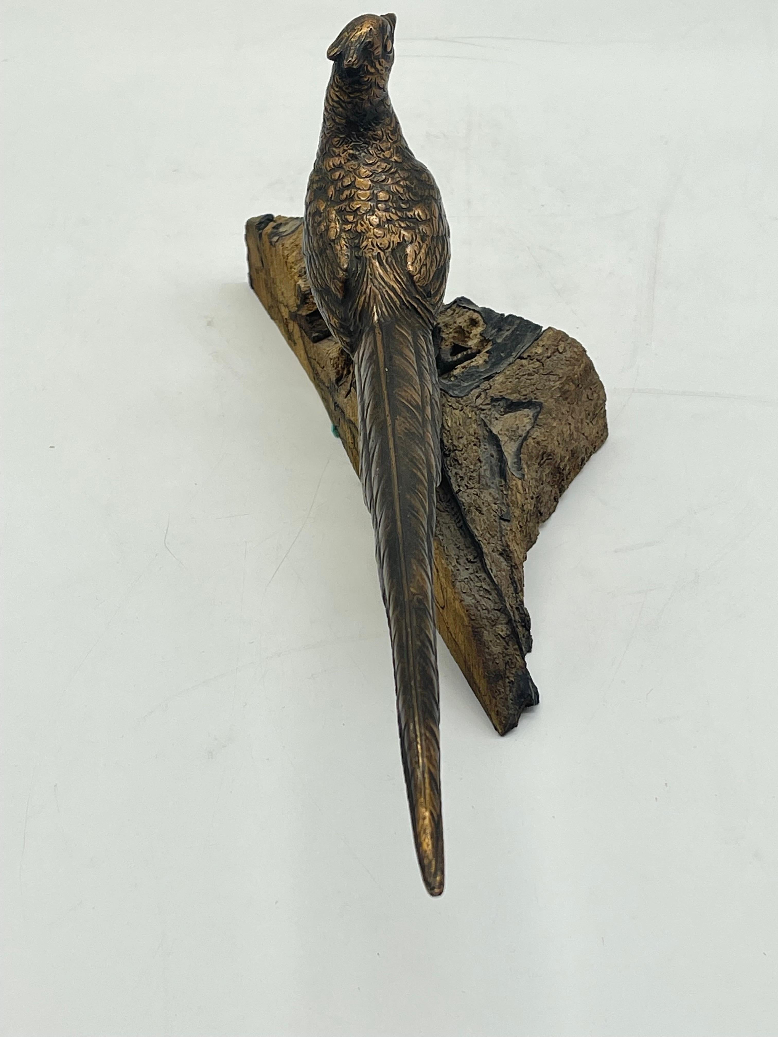 Antique Bird Bronze Sculpture / Figure sitting on wood pine- / fir wood For Sale 7