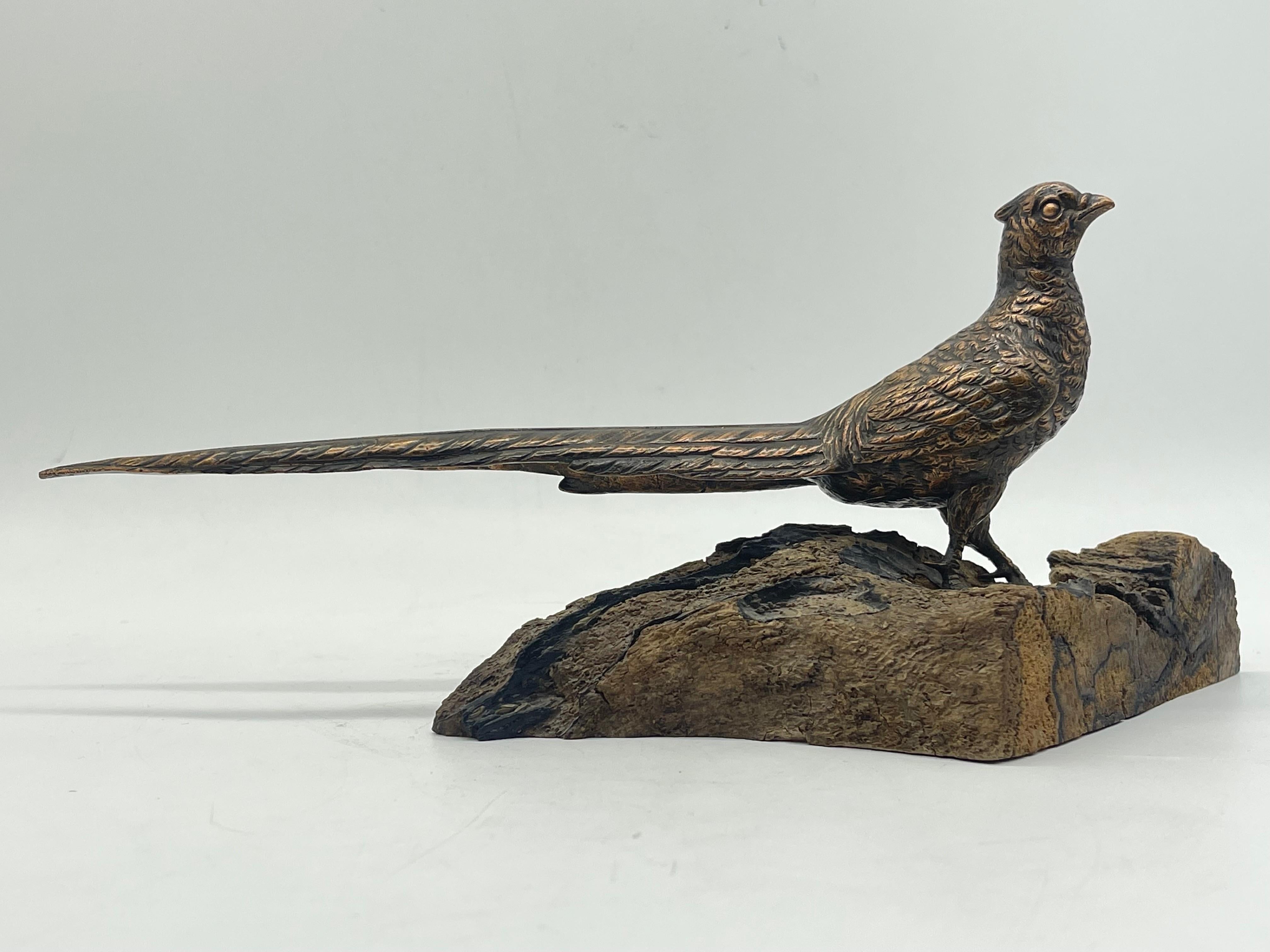 Antique Bird Bronze Sculpture / Figure sitting on wood pine- / fir wood In Good Condition For Sale In Berlin, DE