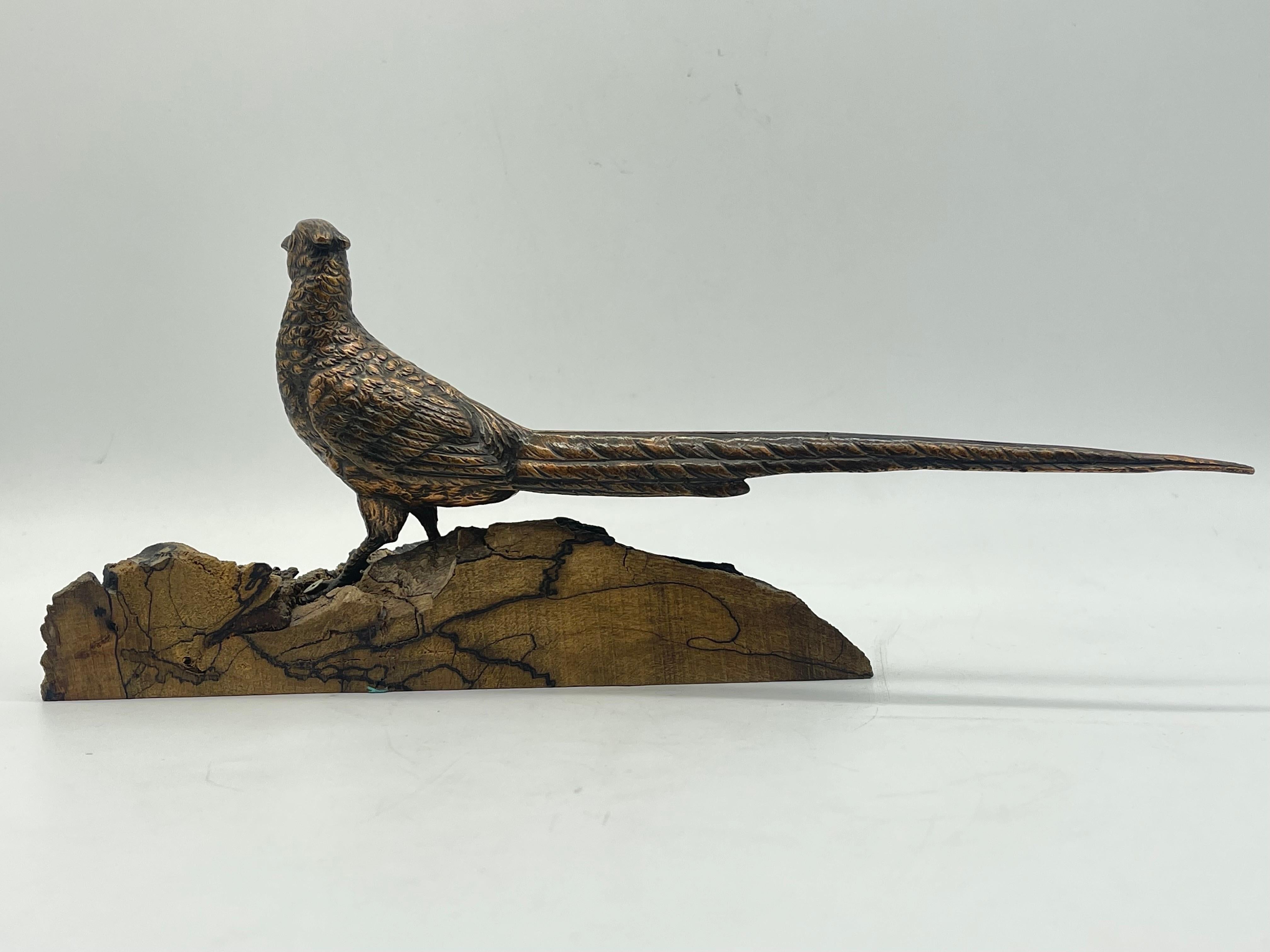 Brass Antique Bird Bronze Sculpture / Figure sitting on wood pine- / fir wood For Sale