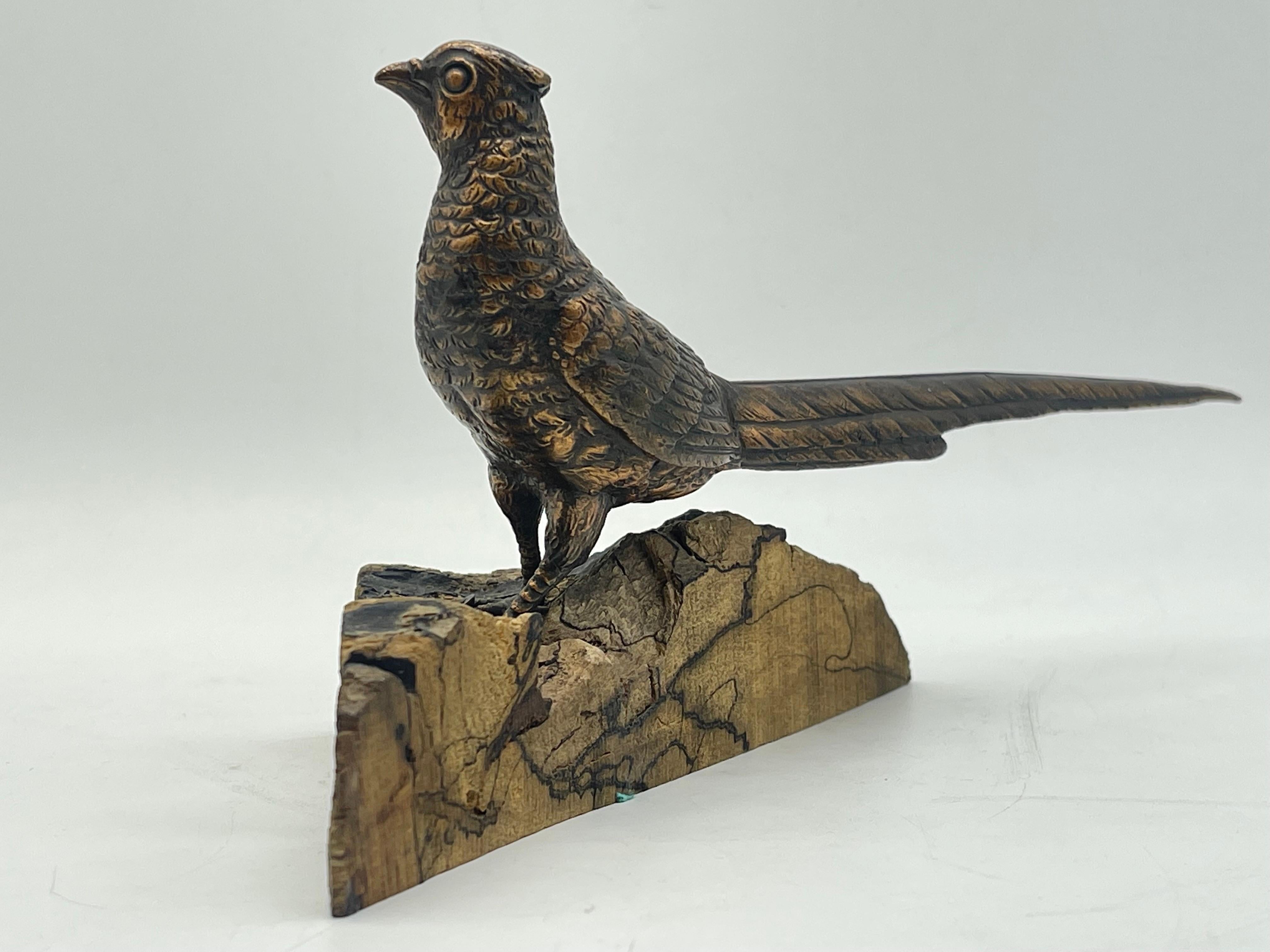 Antique Bird Bronze Sculpture / Figure sitting on wood pine- / fir wood For Sale 1