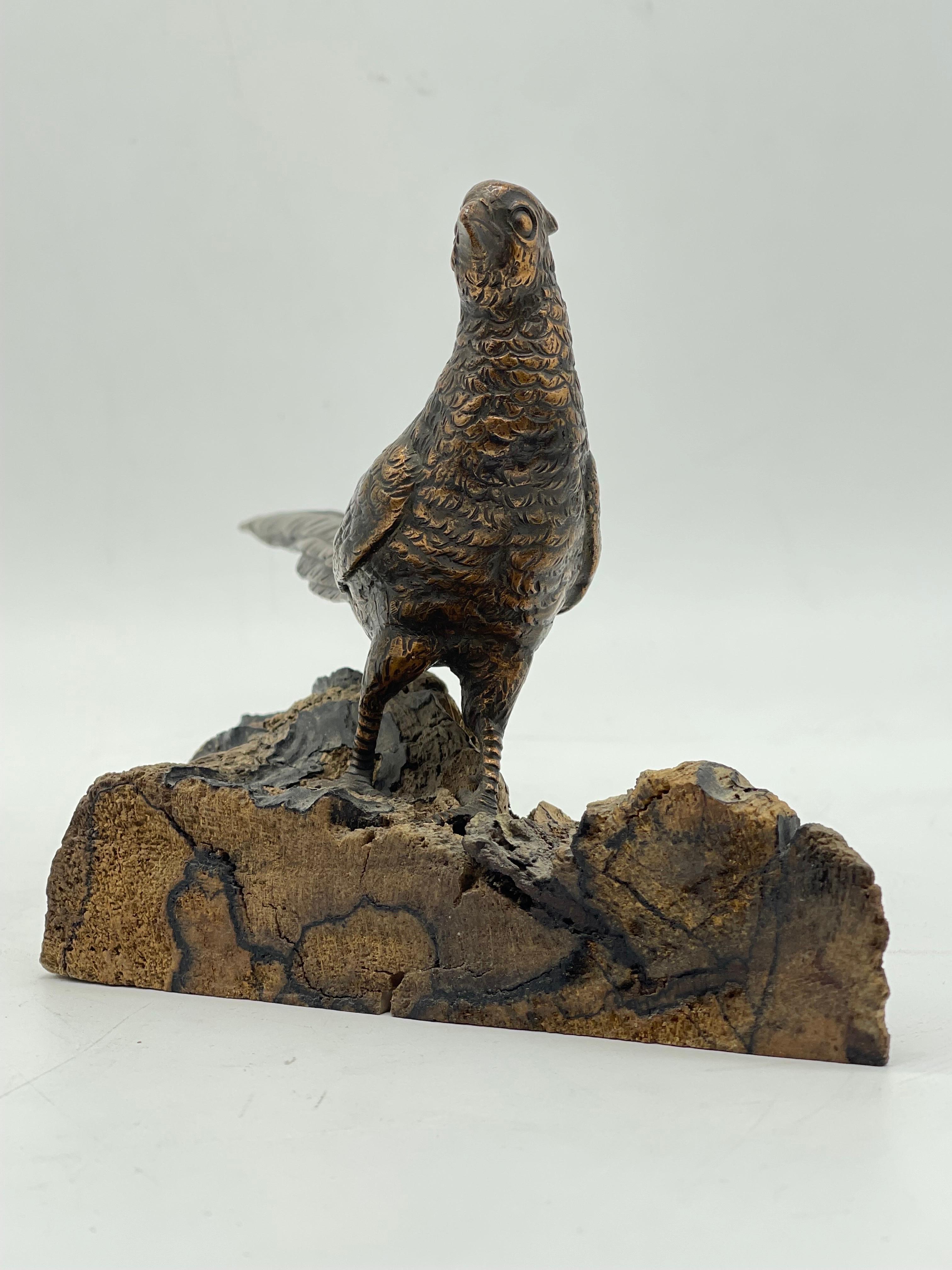 Antique Bird Bronze Sculpture / Figure sitting on wood pine- / fir wood For Sale 2