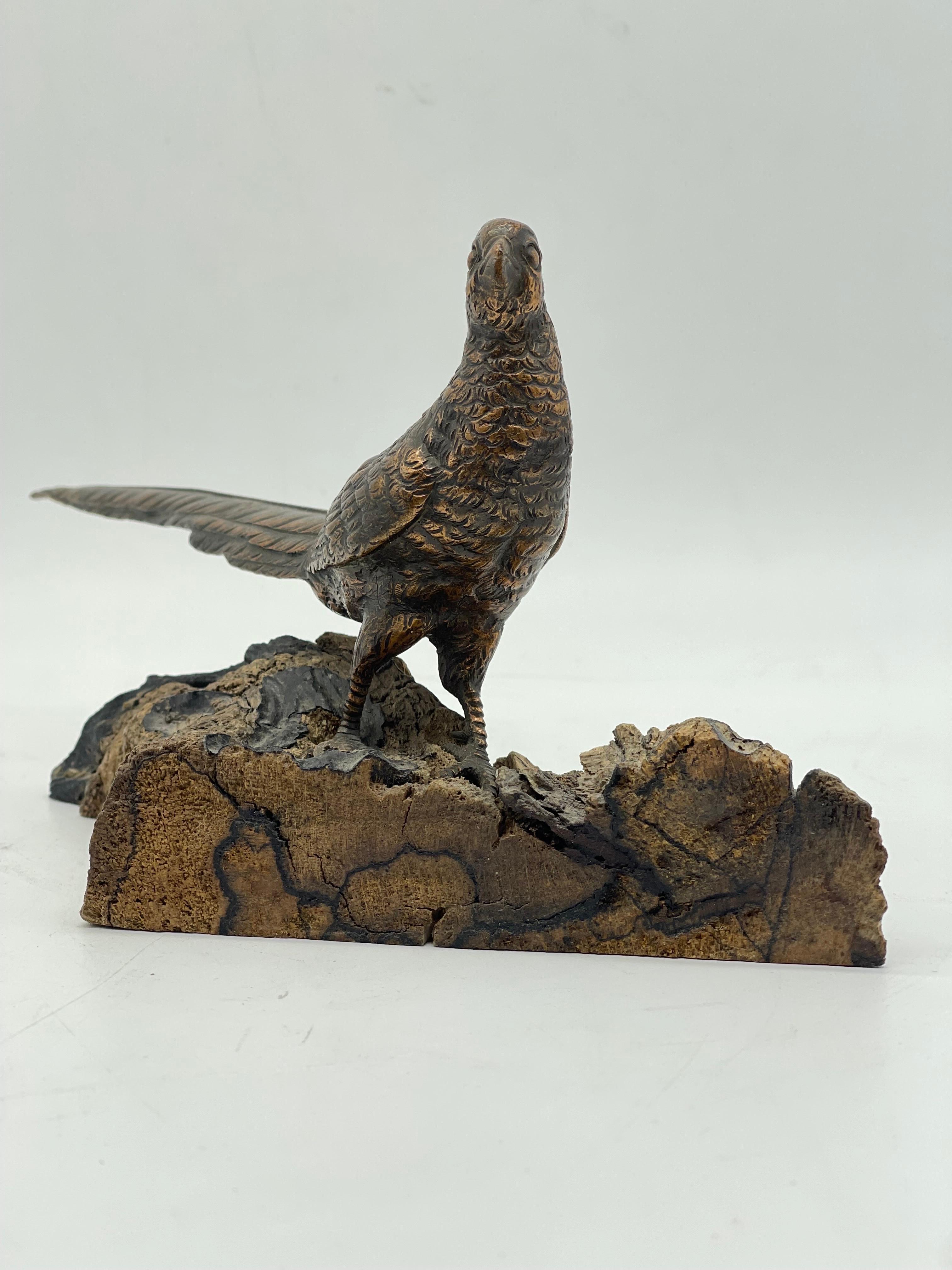 Antique Bird Bronze Sculpture / Figure sitting on wood pine- / fir wood For Sale 3