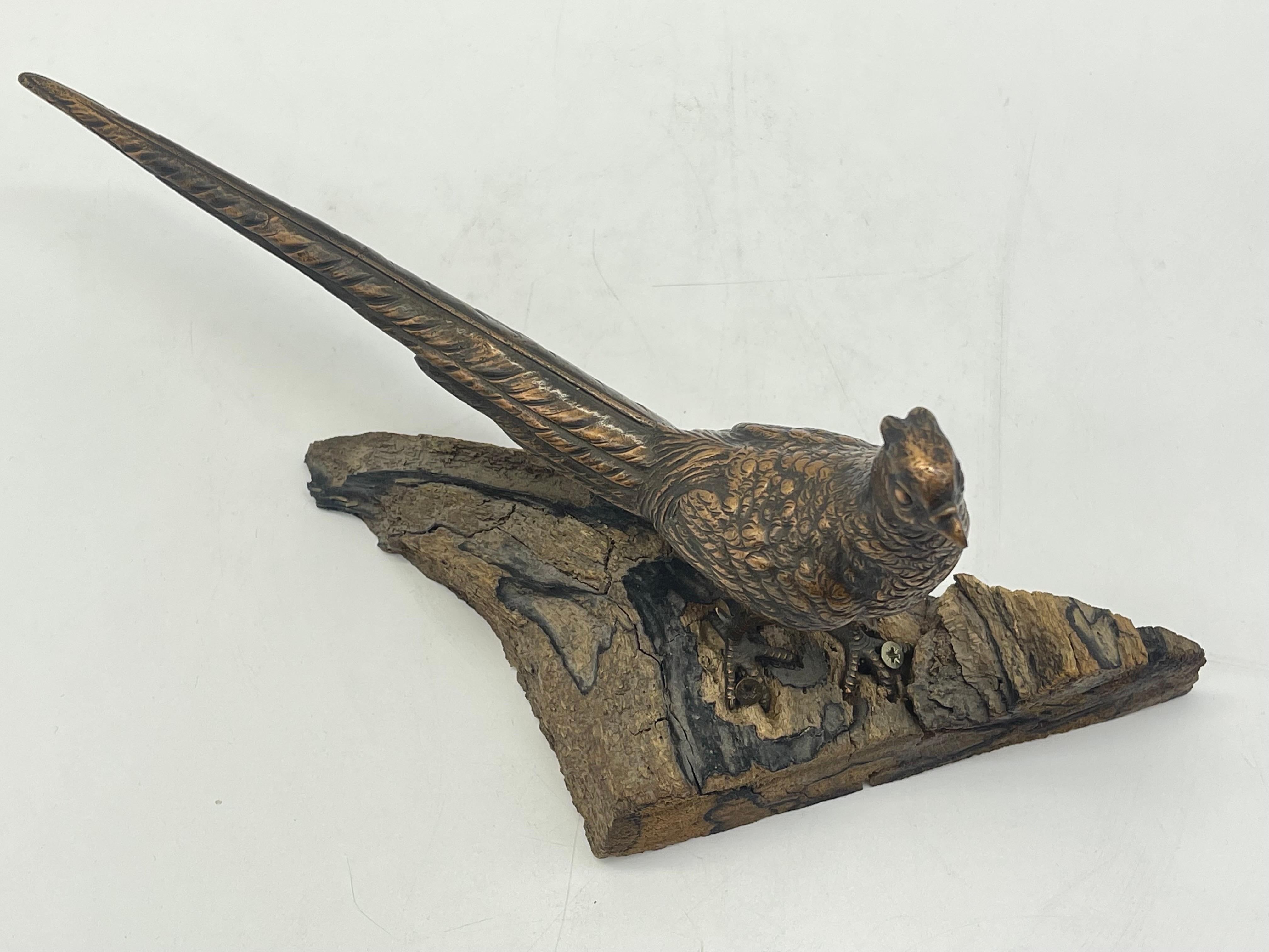 Antique Bird Bronze Sculpture / Figure sitting on wood pine- / fir wood For Sale 4
