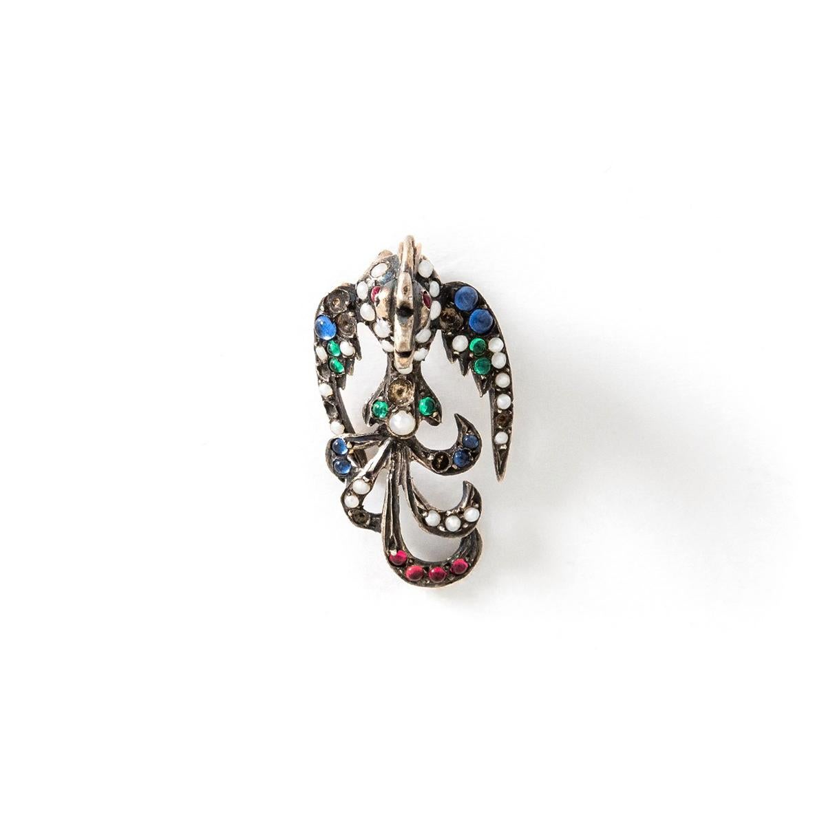 Antiker Vogel des Paradieses Perlen und Farbsteine auf Silber im Zustand „Relativ gut“ im Angebot in Geneva, CH