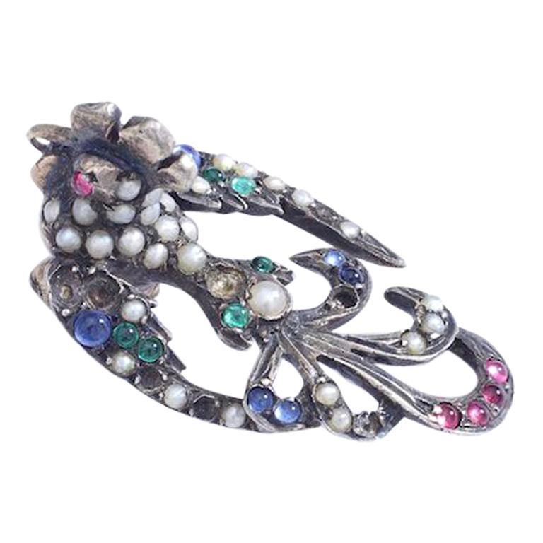 Antique Bird of Paradise Pearl and Color Stones on Silver For Sale