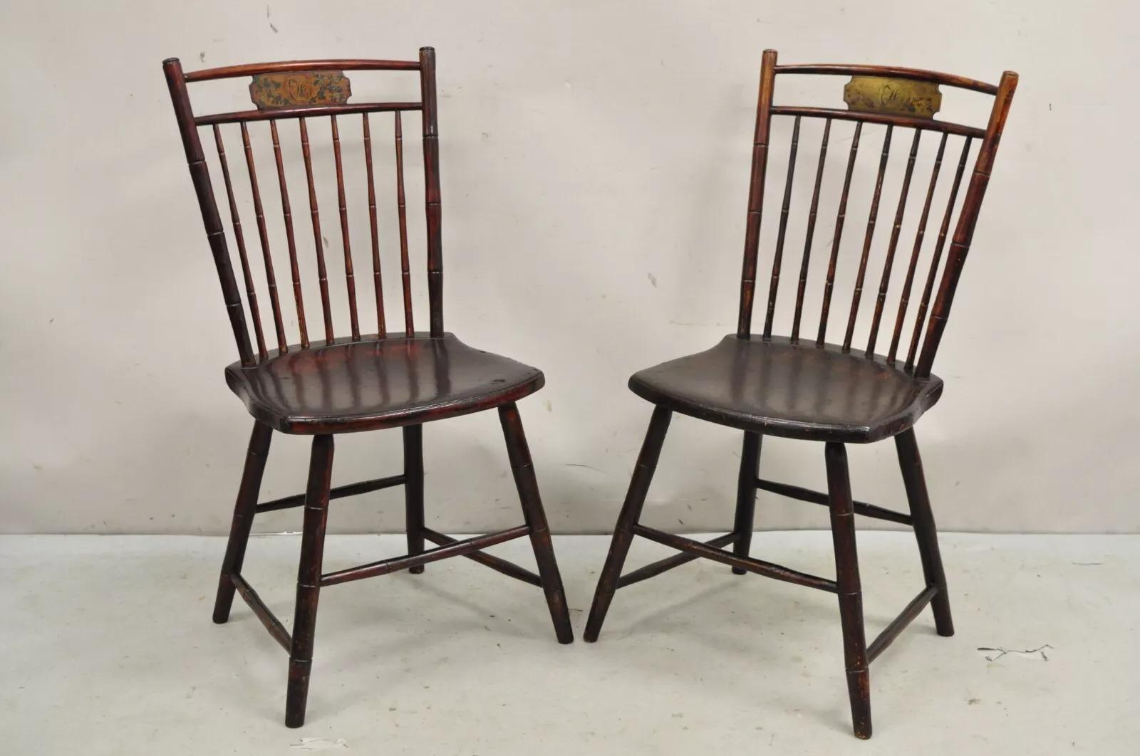 Antique Birdcage Ash Windsor Hand Painted Lippincott Family Side Chair - a Pair 6