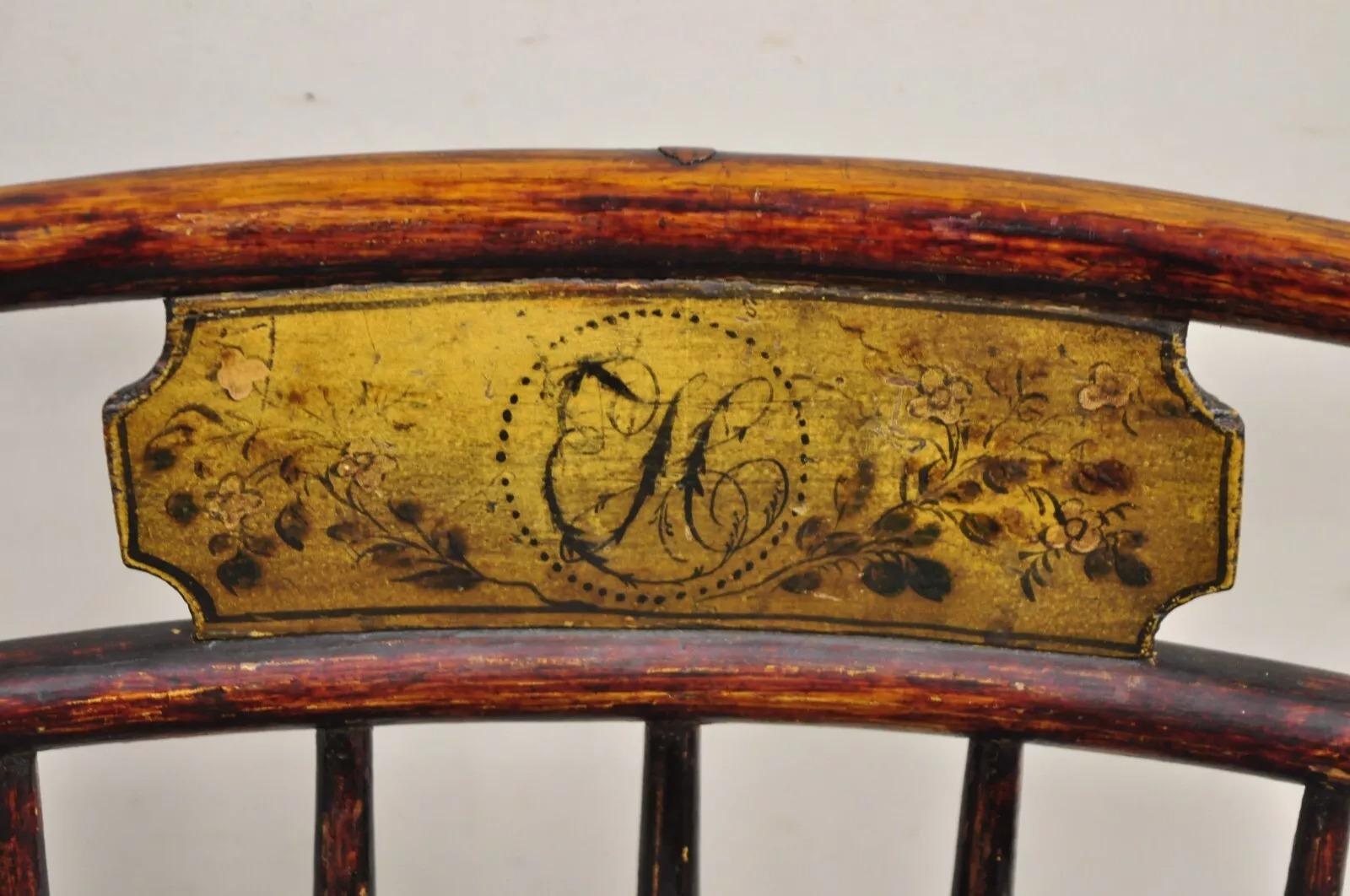Antique Birdcage Ash Windsor Hand Painted Lippincott Family Side Chair - a Pair In Good Condition In Philadelphia, PA