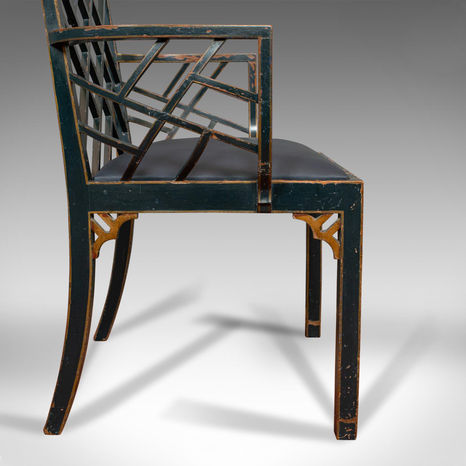 Antique Birdcage Elbow Chair, English, Painted, Leather, Regency, circa 1820 4