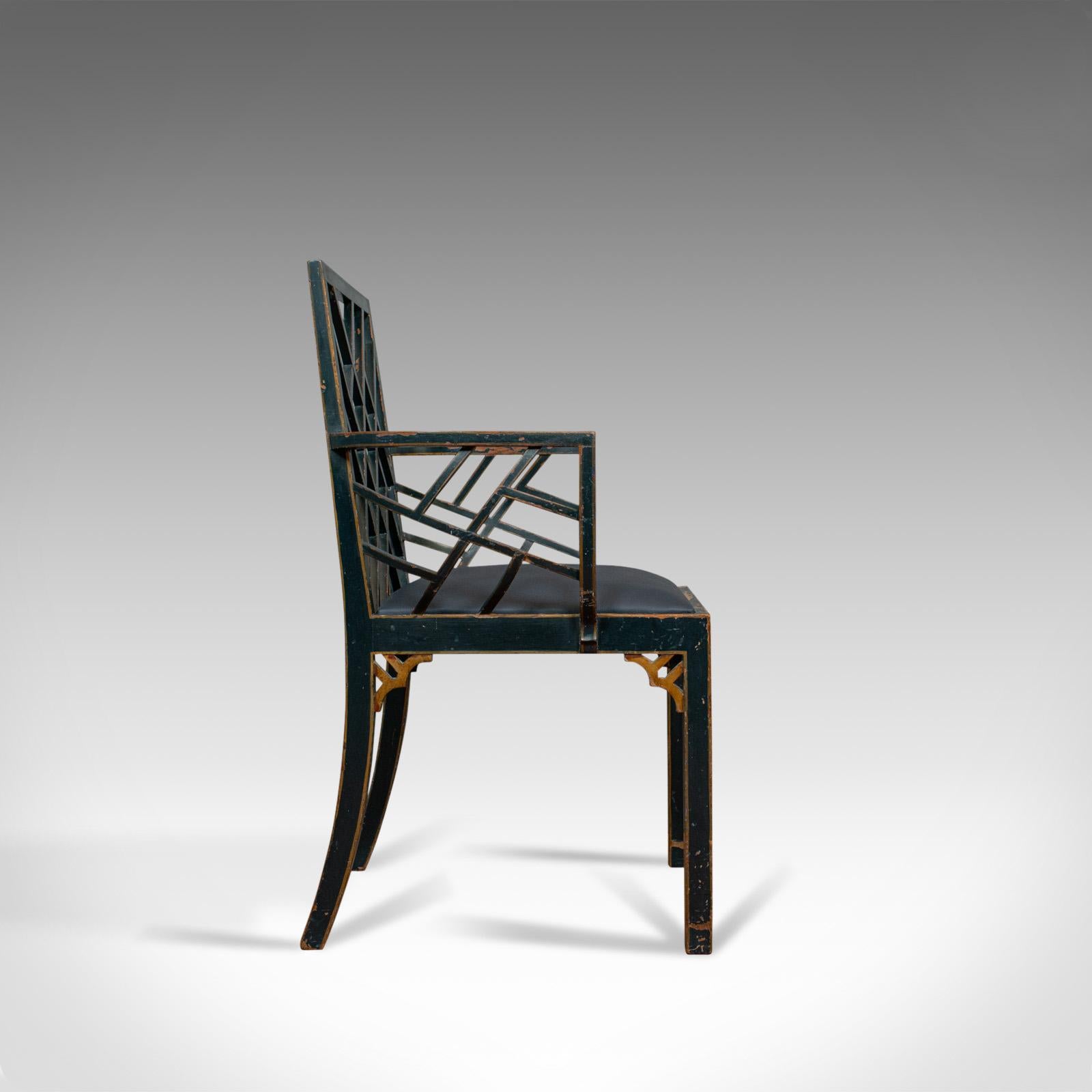 Hand-Painted Antique Birdcage Elbow Chair, English, Painted, Leather, Regency, circa 1820