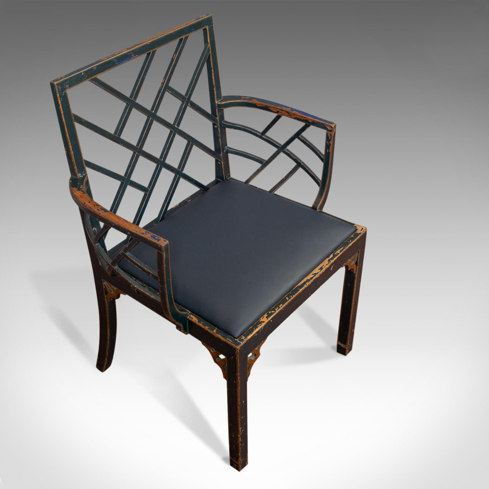 19th Century Antique Birdcage Elbow Chair, English, Painted, Leather, Regency, circa 1820