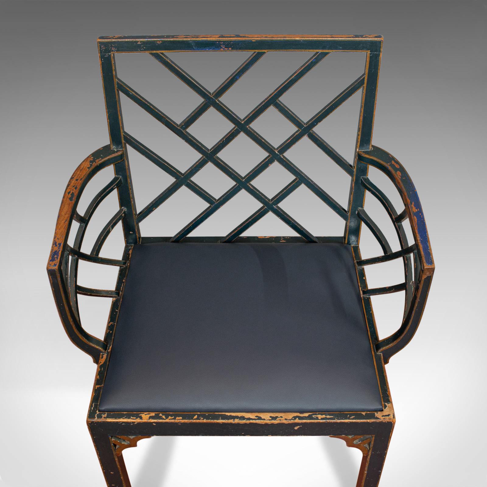 Beech Antique Birdcage Elbow Chair, English, Painted, Leather, Regency, circa 1820