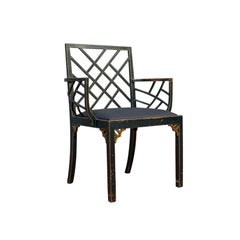 Antique Birdcage Elbow Chair, English, Painted, Leather, Regency, circa 1820