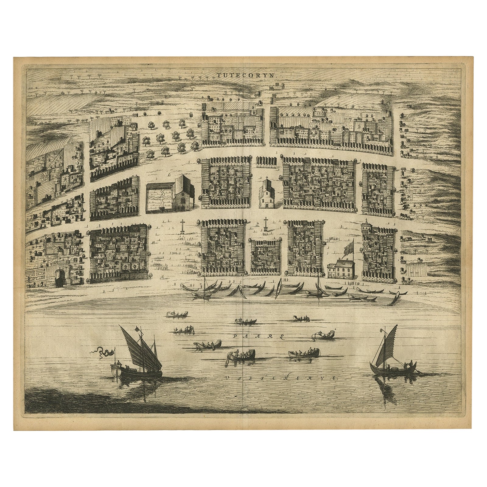 Antica pianta a volo d'uccello di Tutecoryn (Tuticorin o Thoothukudi), India, 1672