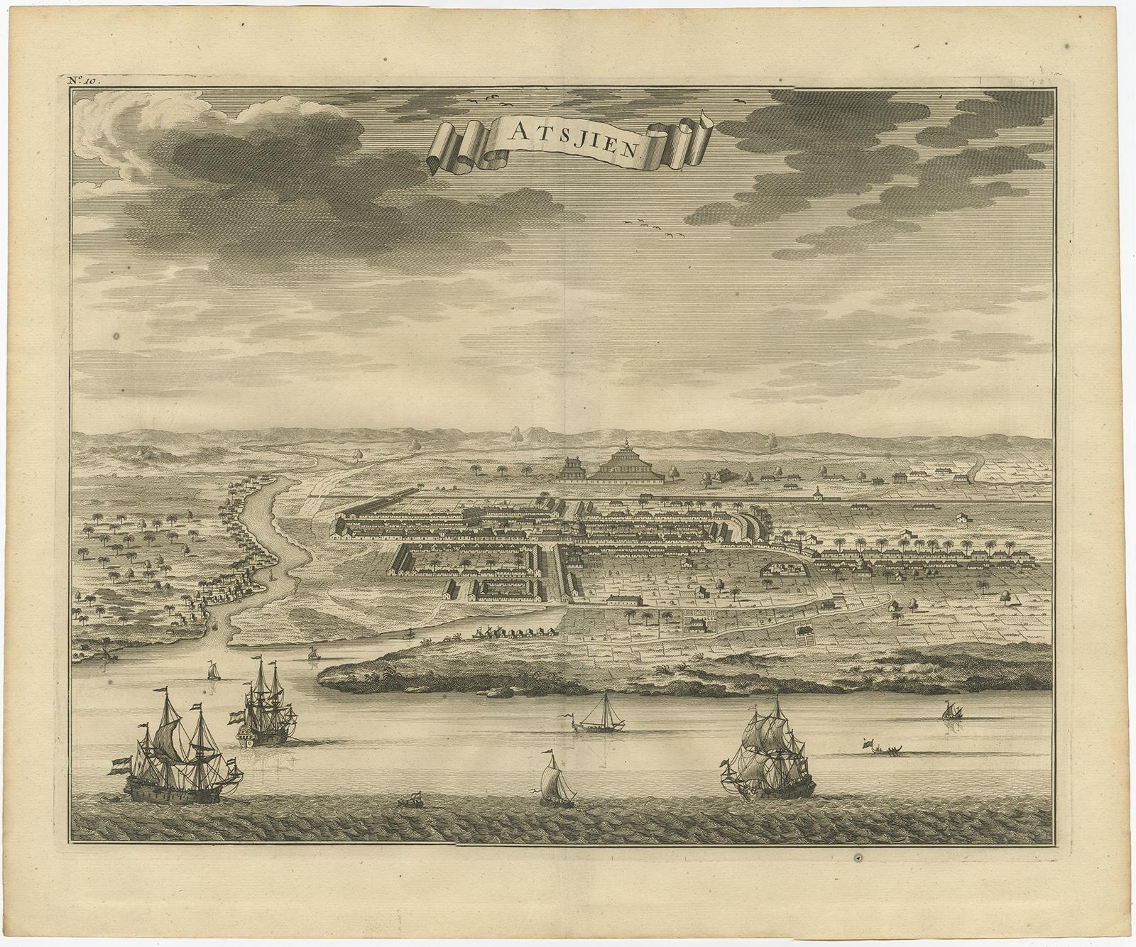 Description: Antique print Indonesia titled 'Atsjien'. Bird's eye-view of the Town of Atjien on the northernmost point of Sumatra. This print originates from 'Oud en Nieuw Oost-Indiën' by F. Valentijn.

Artists and Engravers: François Valentijn