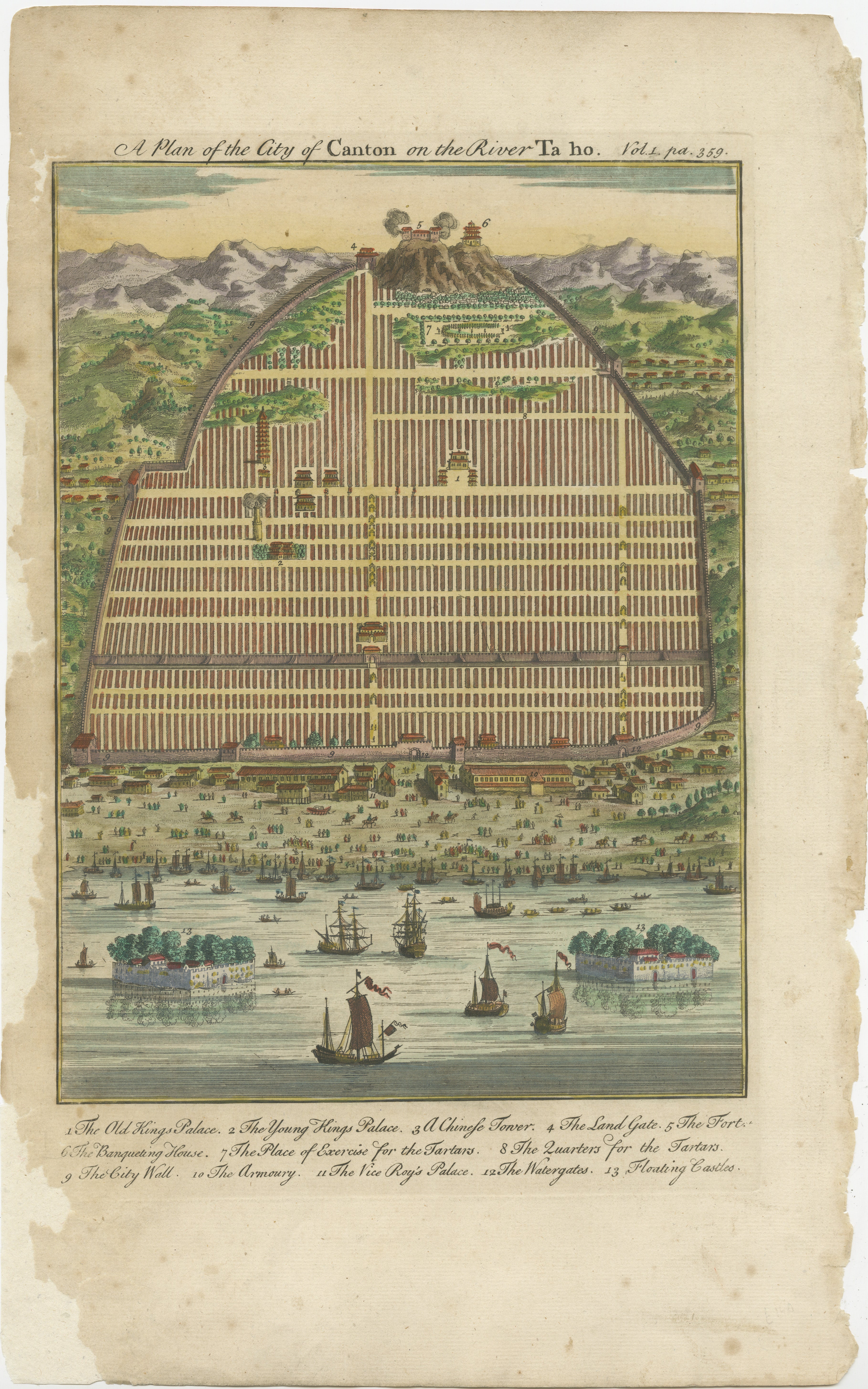 Engraved Antique Bird's-eye View of Canton, now Guangzou, China, 1744