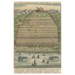 Antique Bird's-eye View of Canton, now Guangzou, China, 1744