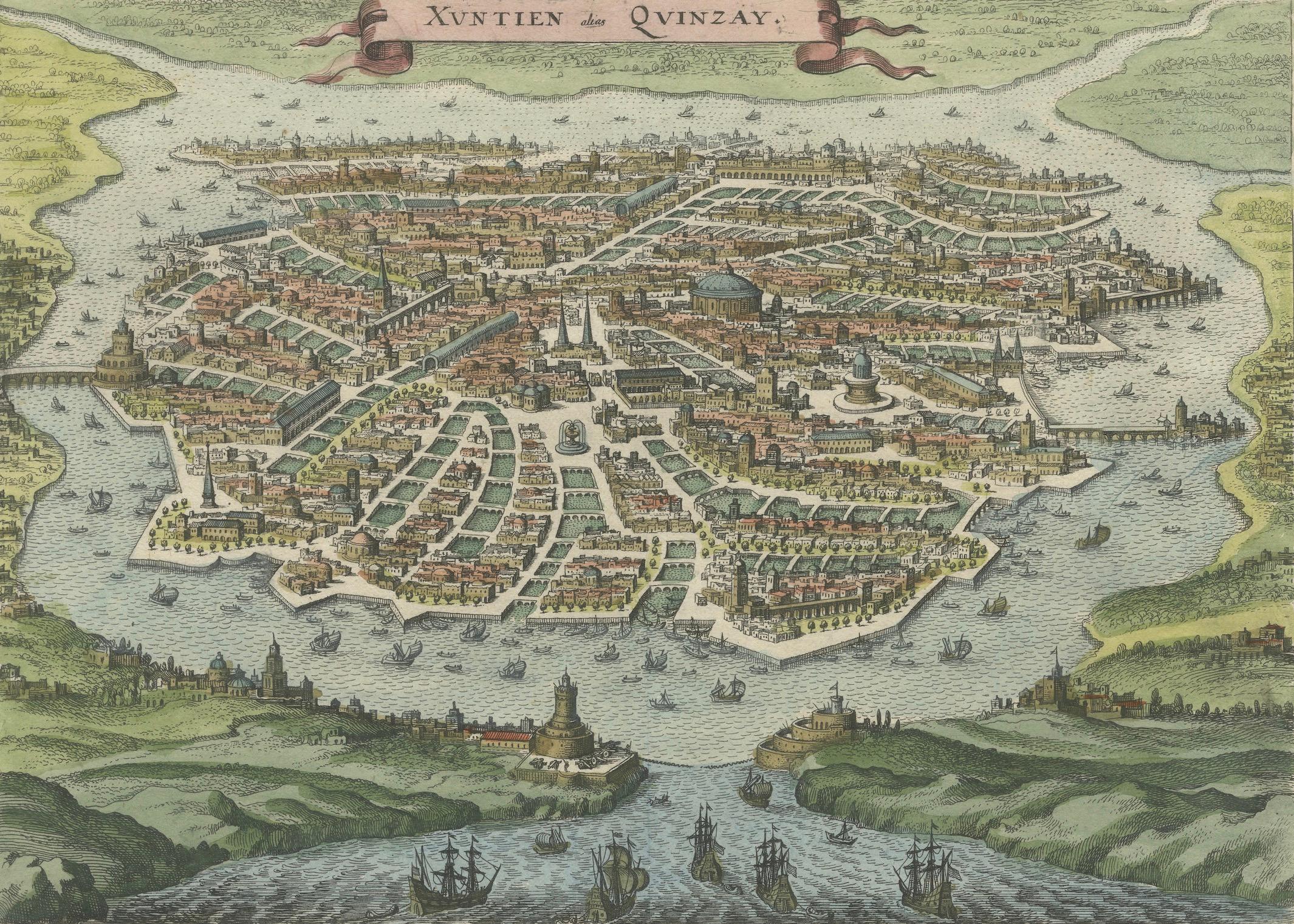 Gravé Antiquité - Vue à vol d'oiseau de Hangzhou (Chine) par Matthäus Merian, 1638 en vente