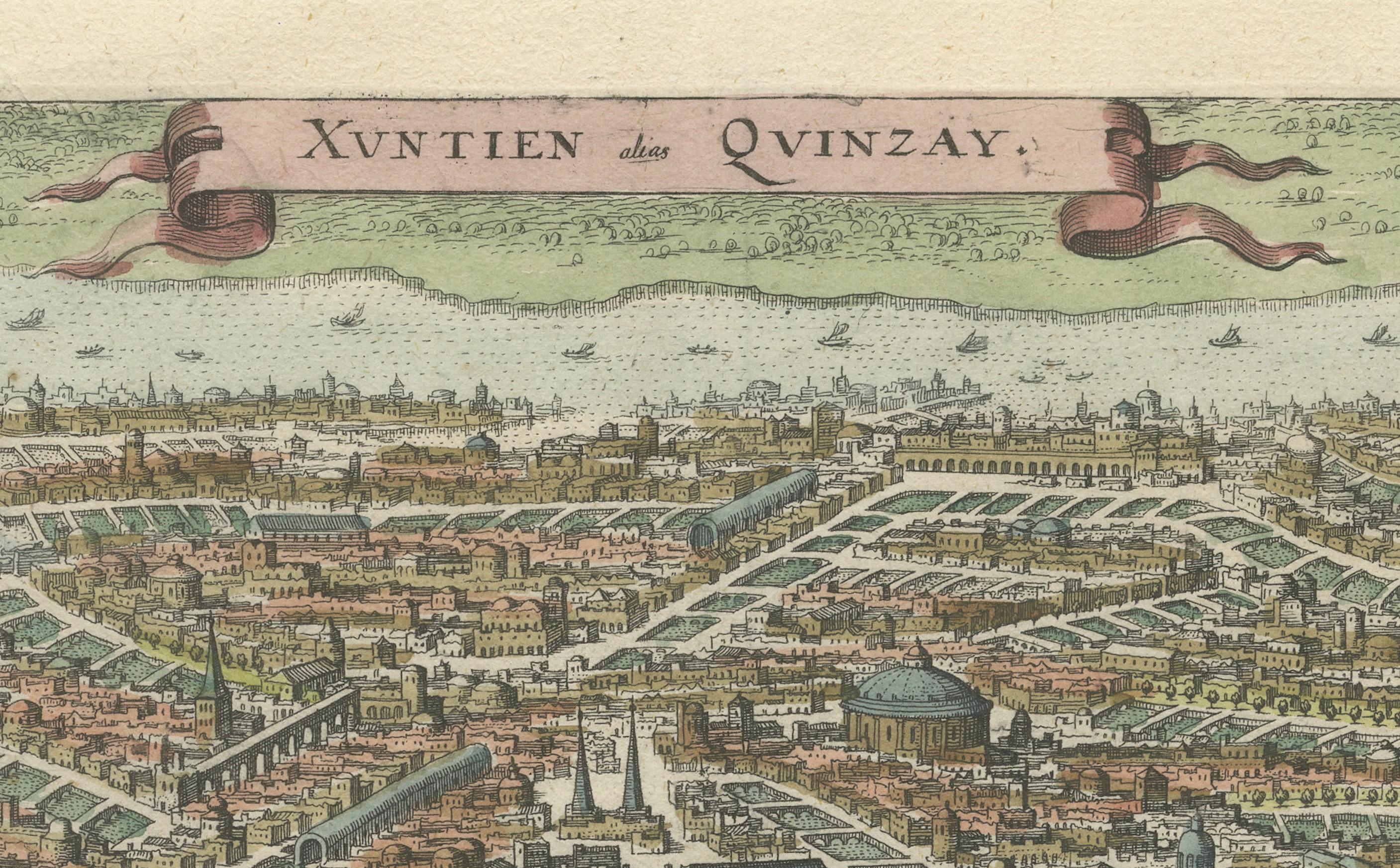 Papier Antiquité - Vue à vol d'oiseau de Hangzhou (Chine) par Matthäus Merian, 1638 en vente
