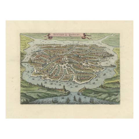 Antique Bird's-Eye View of Hangzhou (China) by Matthäus Merian, 1638
