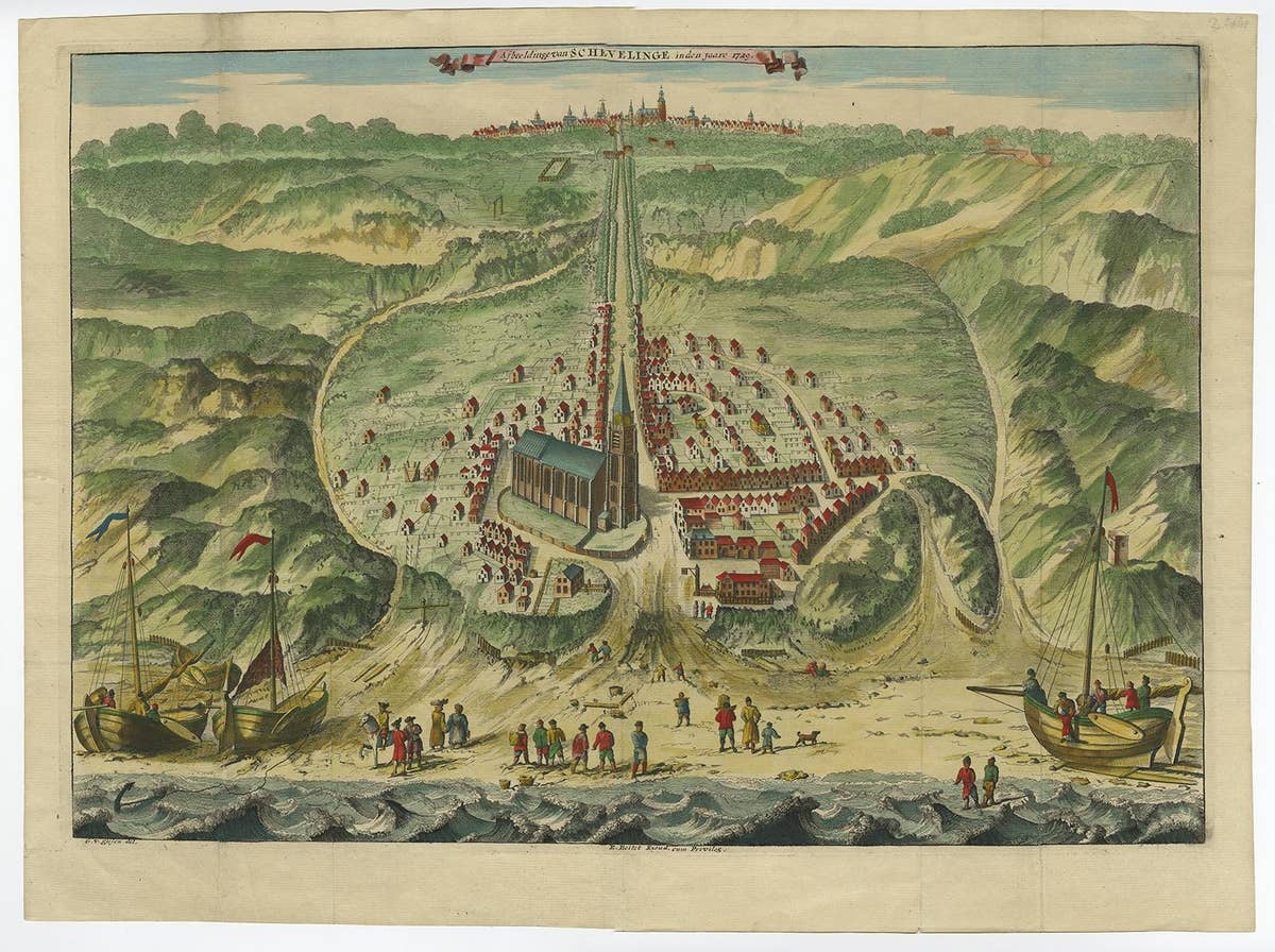 Antique Bird's Eye View of Scheveningen Near The Hague, the Netherlands, 1730
