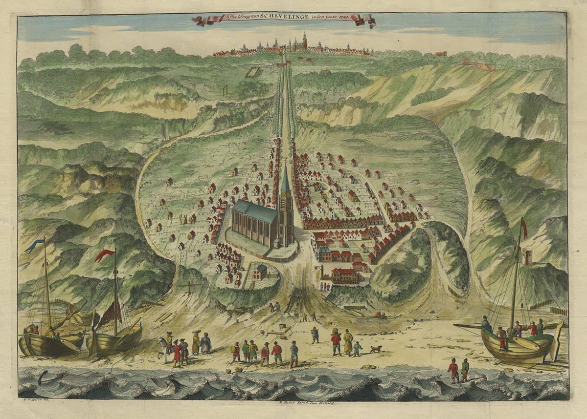 Antique Bird's Eye View of Scheveningen Near The Hague, the Netherlands, 1730