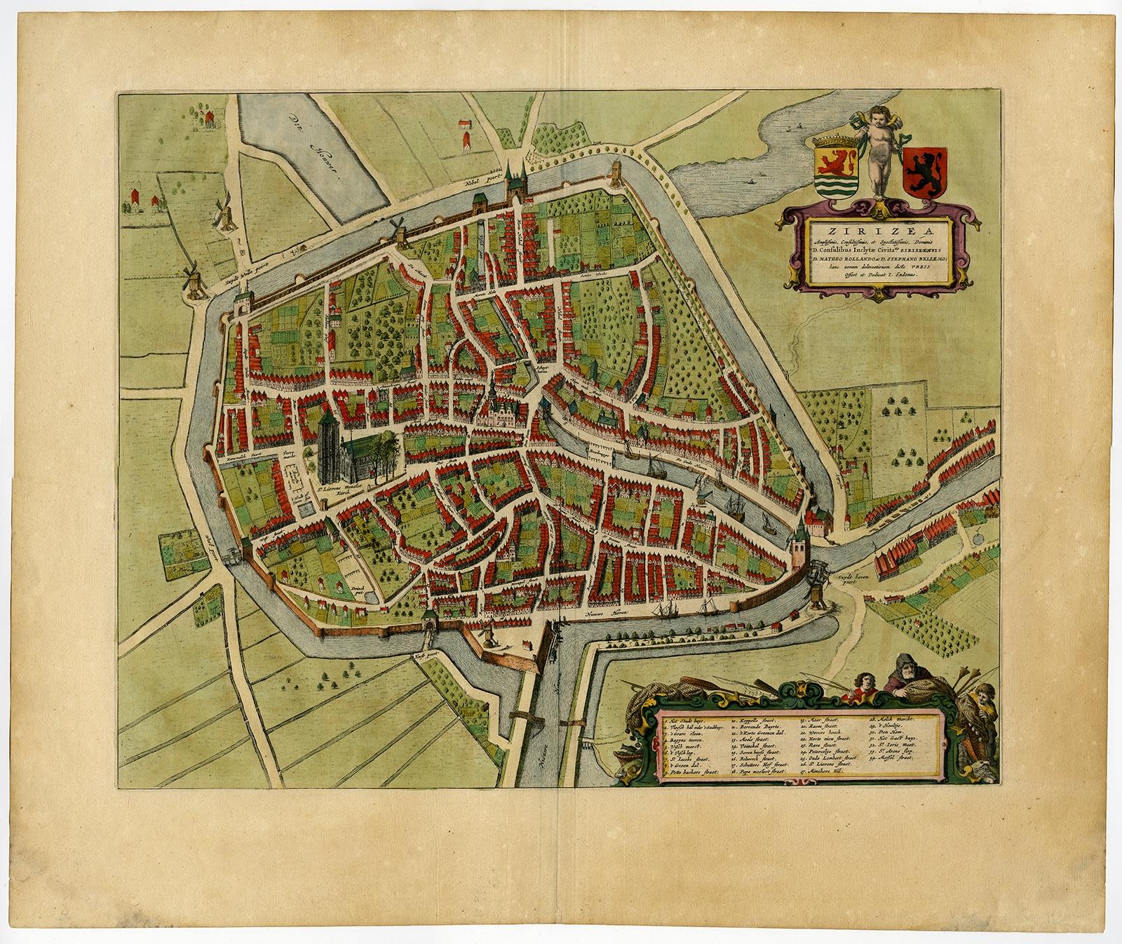 Antique print, titled: 'Zirizea.' - A bird's-eye view plan of Zierikzee in The Netherlands, with key to locations and coats of arms. After Matheo Rollando and Stephano Bellemo. Latin tekst on verso. From the city Atlas: 'Toneel der Steeden'