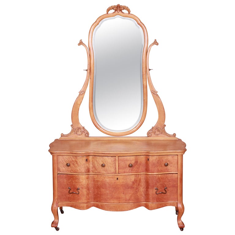 Antique Birdseye Maple Dresser With, Maple Double Dresser Mirror