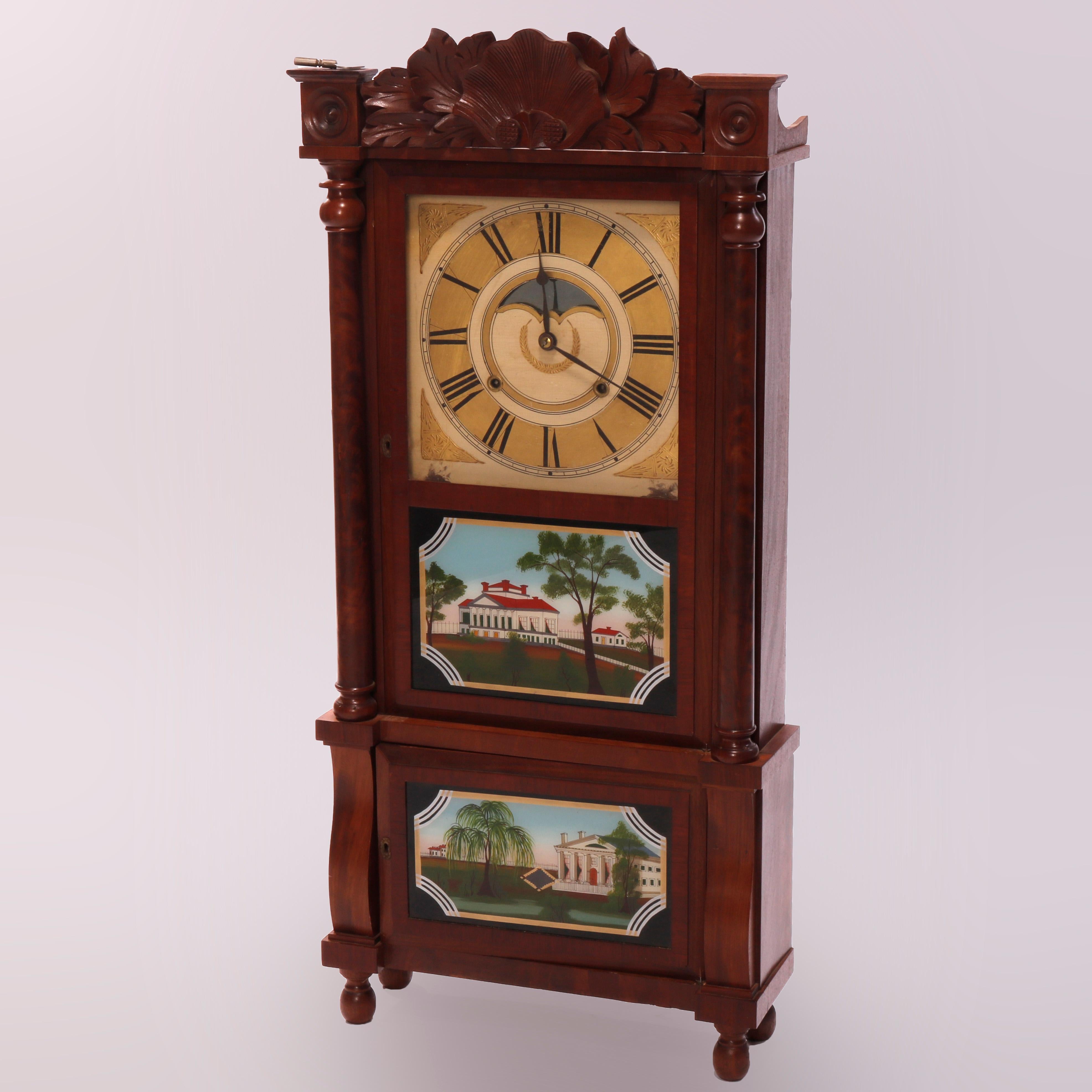 Hand-Painted Antique Birge, Mallory & Co. Mahogany Reverse Painted Triple Decker Clock, c1840