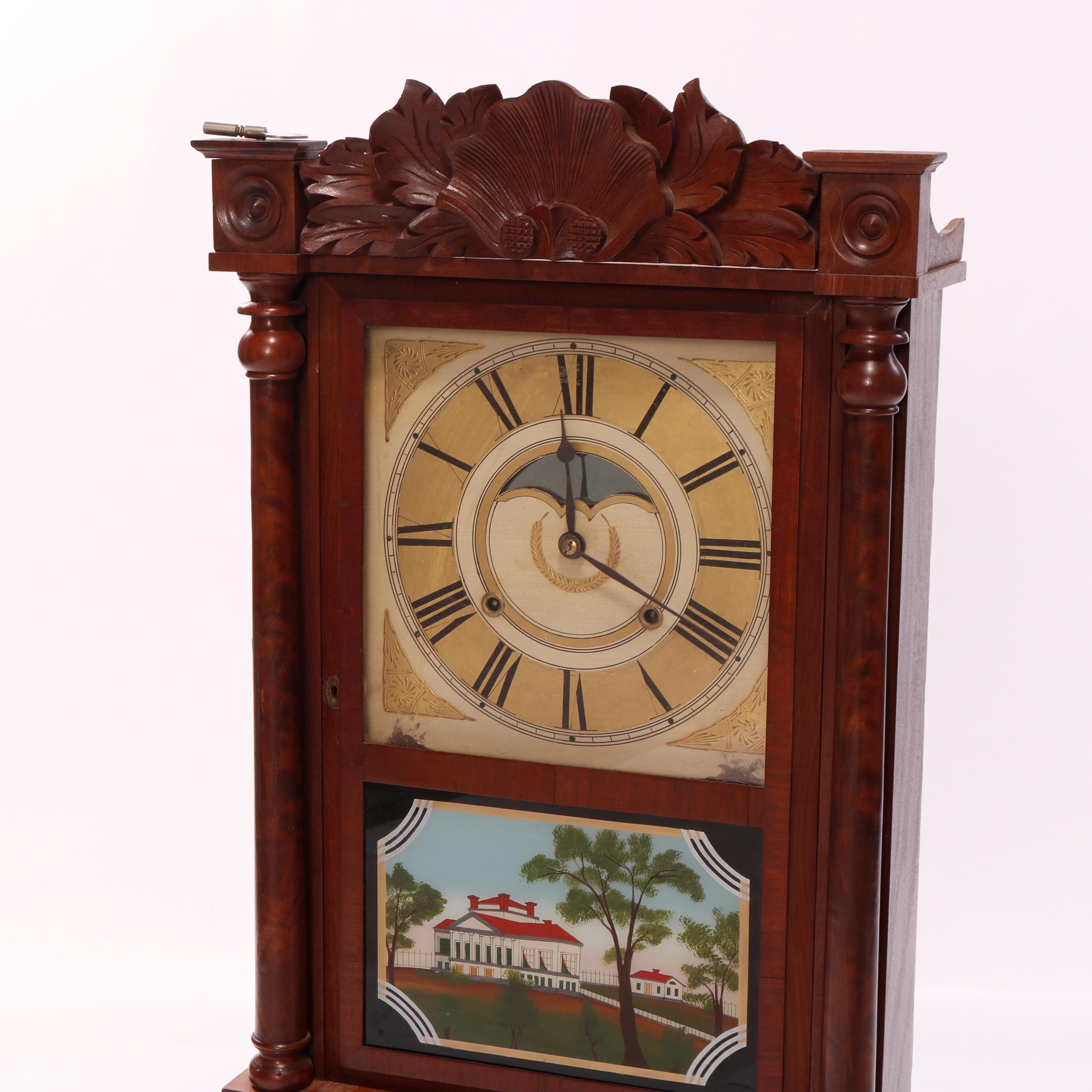Antique Birge, Mallory & Co. Mahogany Reverse Painted Triple Decker Clock, c1840 In Good Condition In Big Flats, NY