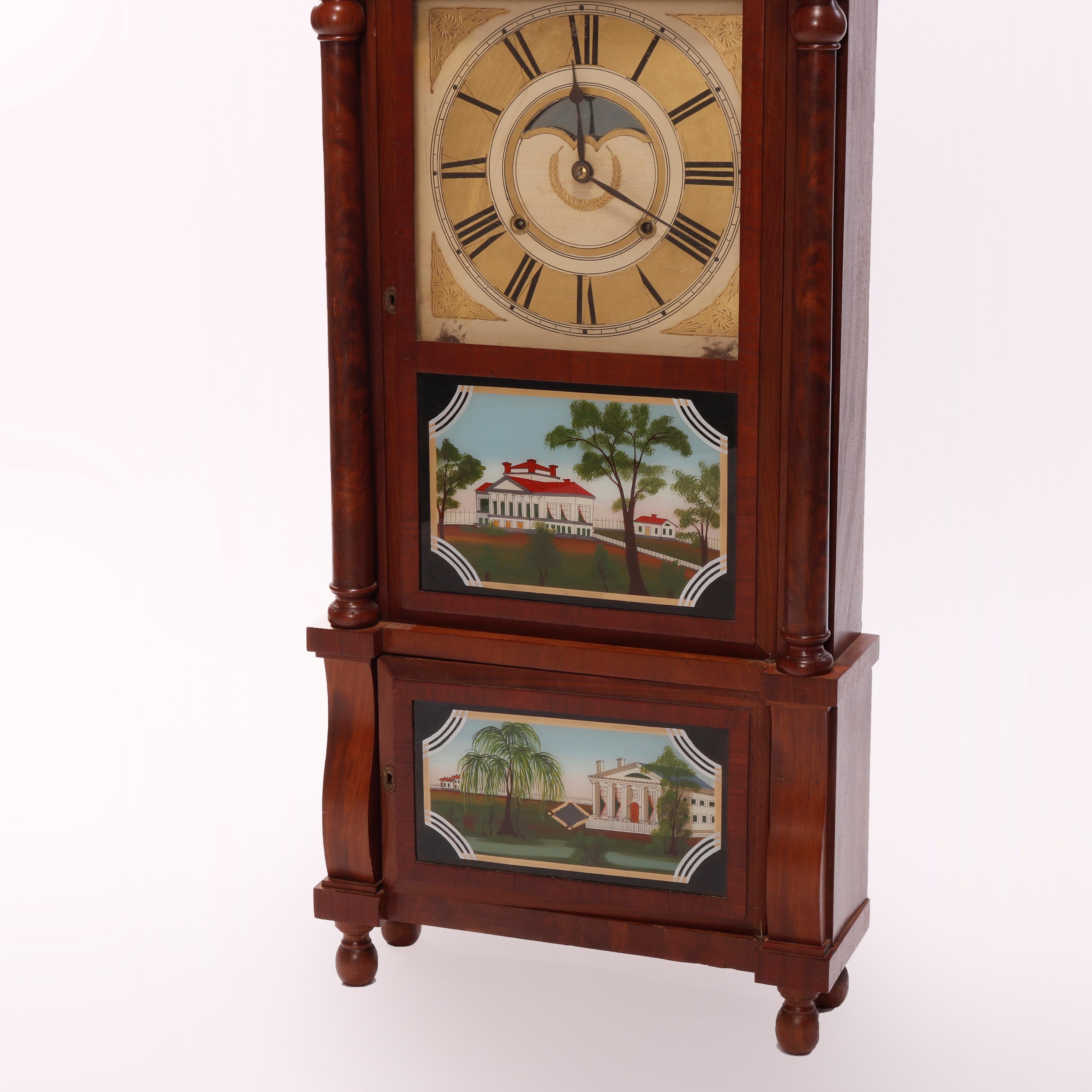 19th Century Antique Birge, Mallory & Co. Mahogany Reverse Painted Triple Decker Clock, c1840
