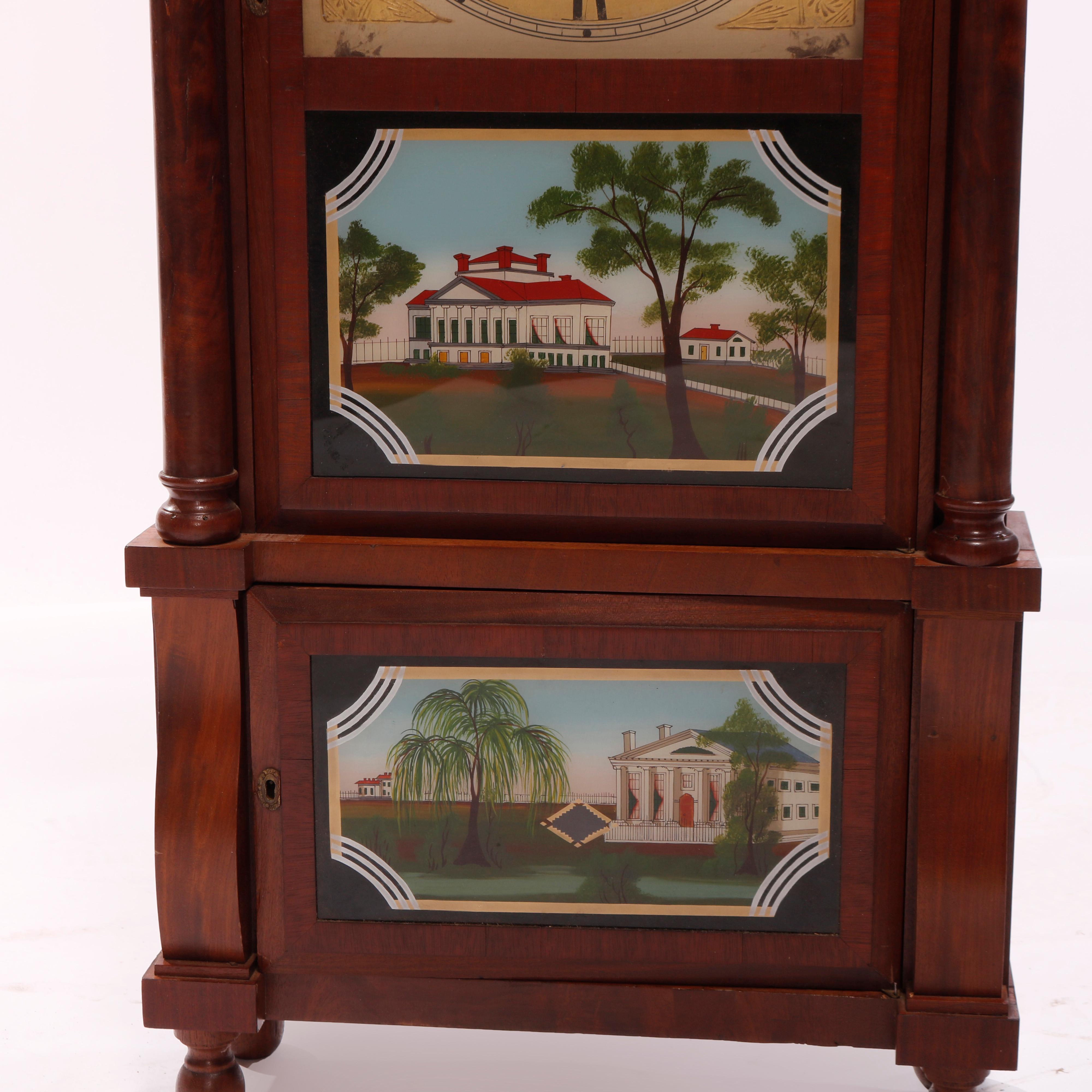 Antique Birge, Mallory & Co. Mahogany Reverse Painted Triple Decker Clock, c1840 2