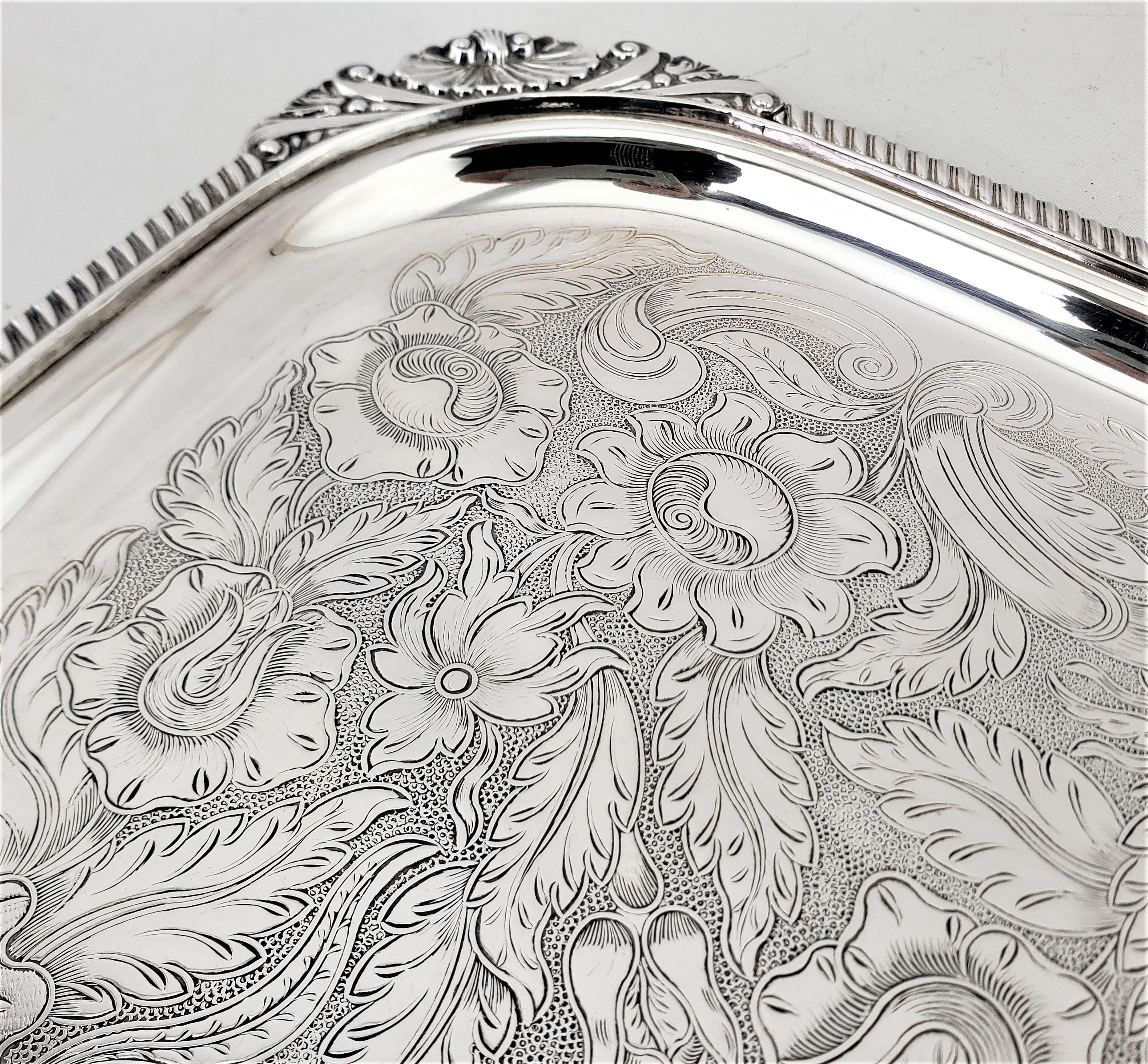 Antique Birks Large Silver Plated Rectangular Serving Tray with Floral Engraving For Sale 2