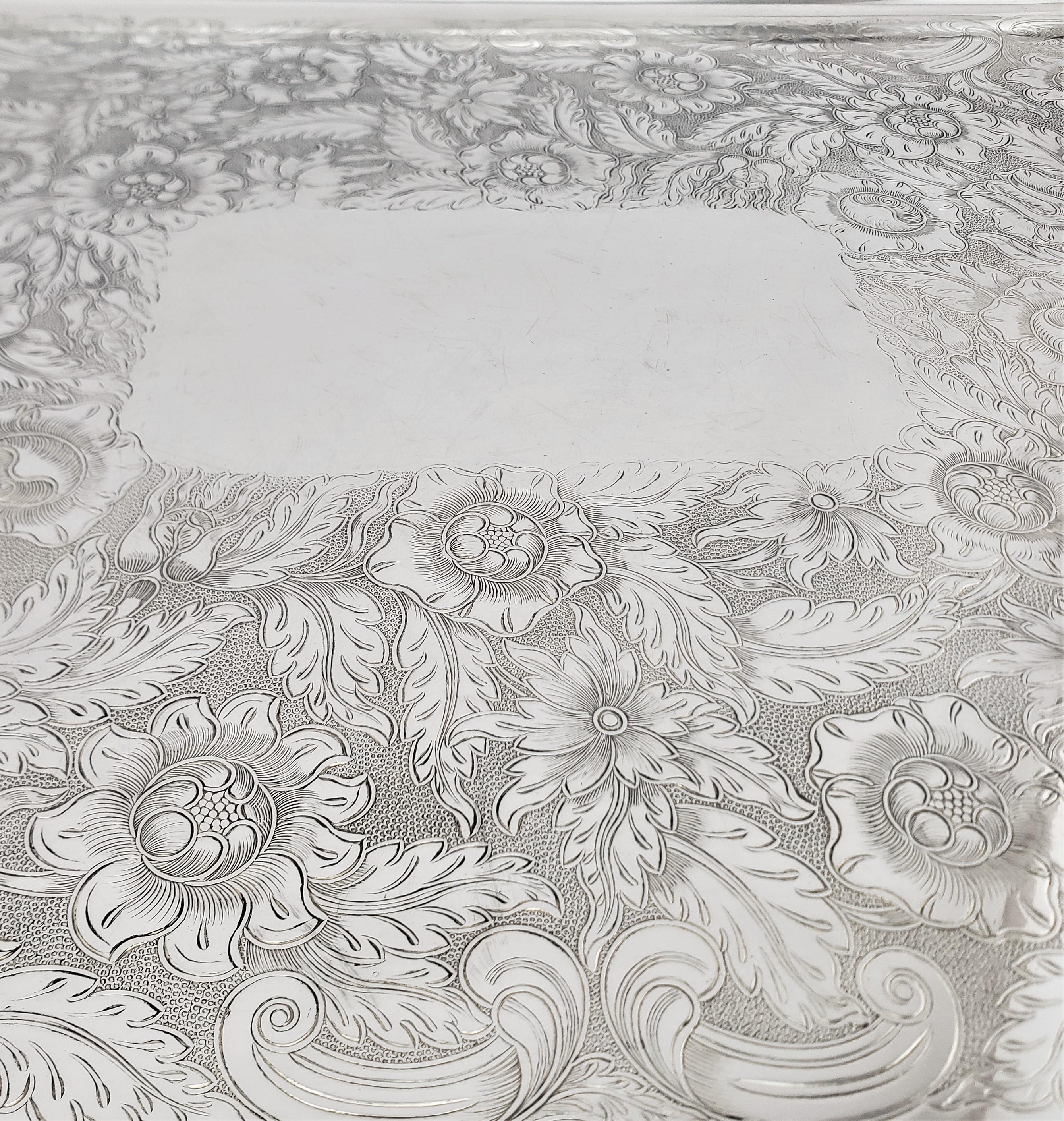 Antique Birks Large Silver Plated Rectangular Serving Tray with Floral Engraving For Sale 3