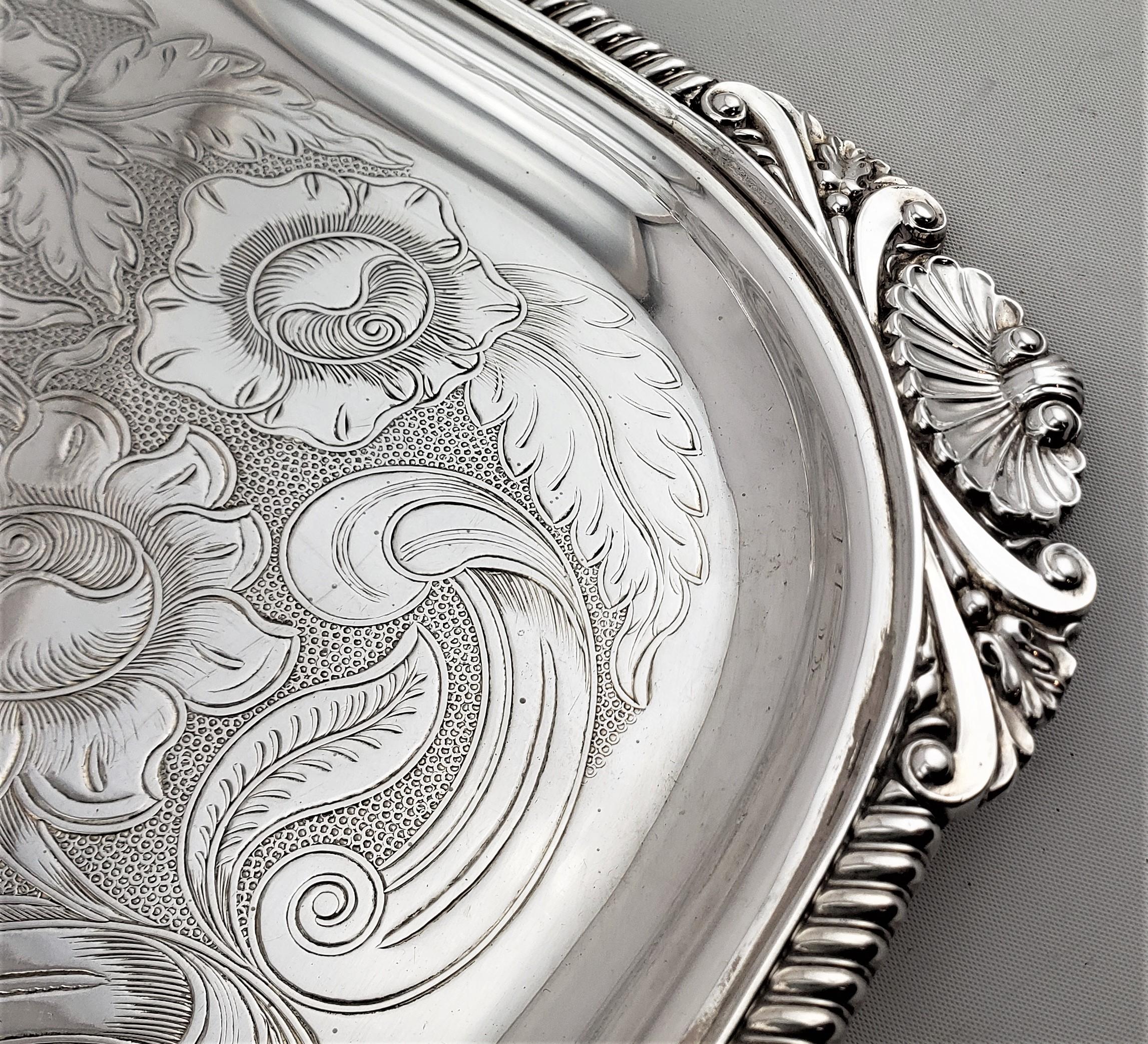 Antique Birks Large Silver Plated Rectangular Serving Tray with Floral Engraving For Sale 4