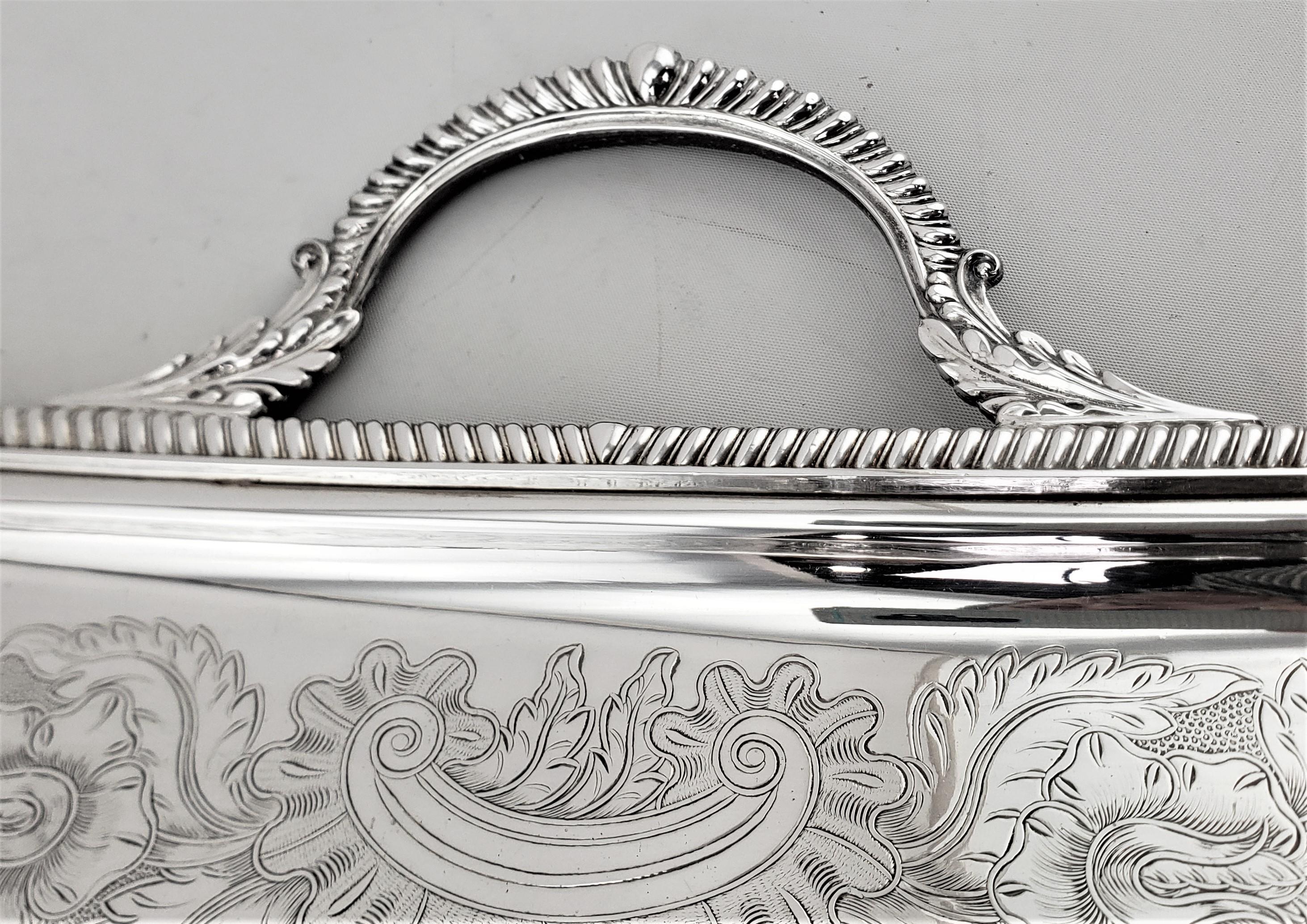 Antique Birks Large Silver Plated Rectangular Serving Tray with Floral Engraving For Sale 5