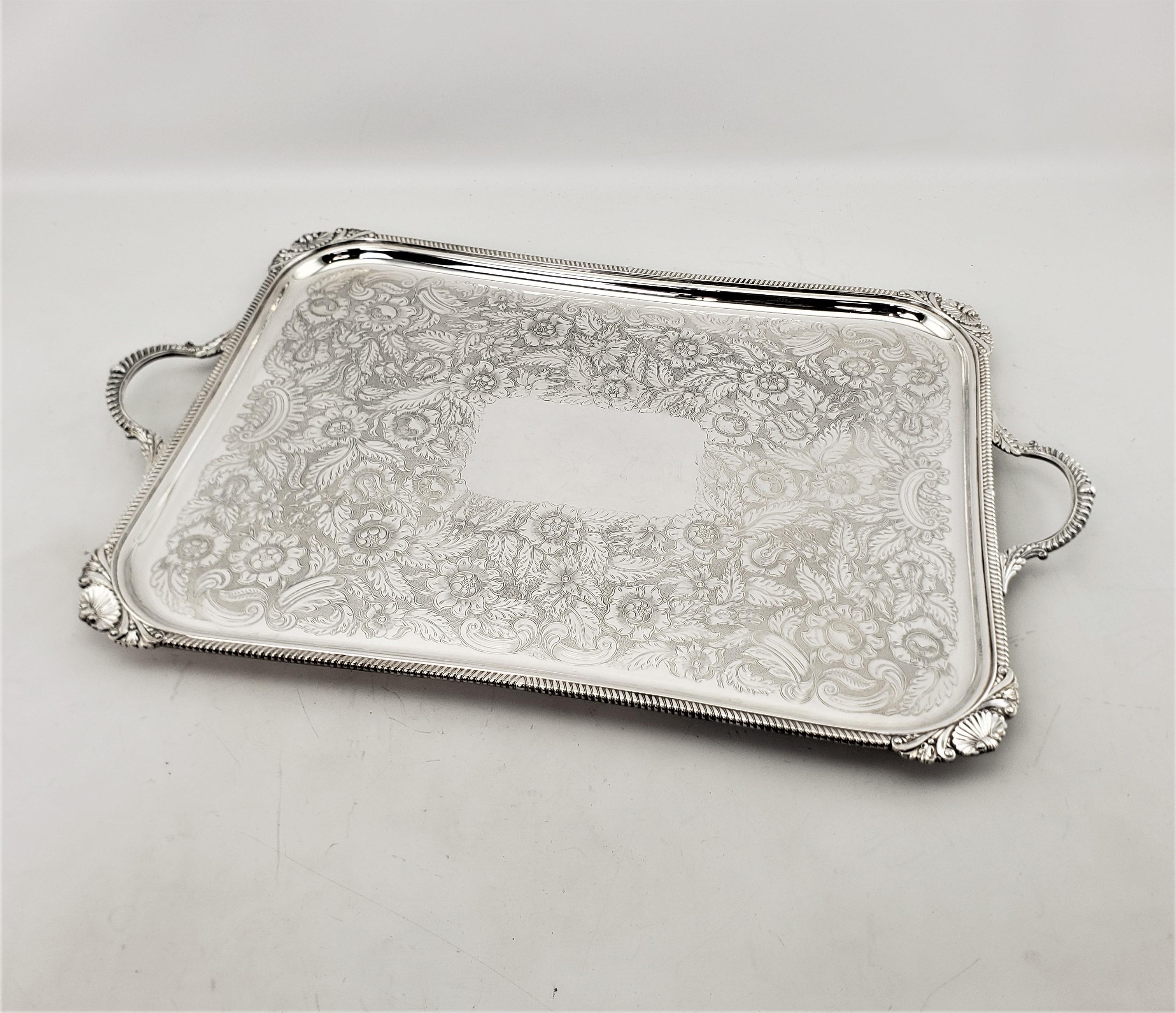 Antique Birks Large Silver Plated Rectangular Serving Tray with Floral Engraving For Sale 6