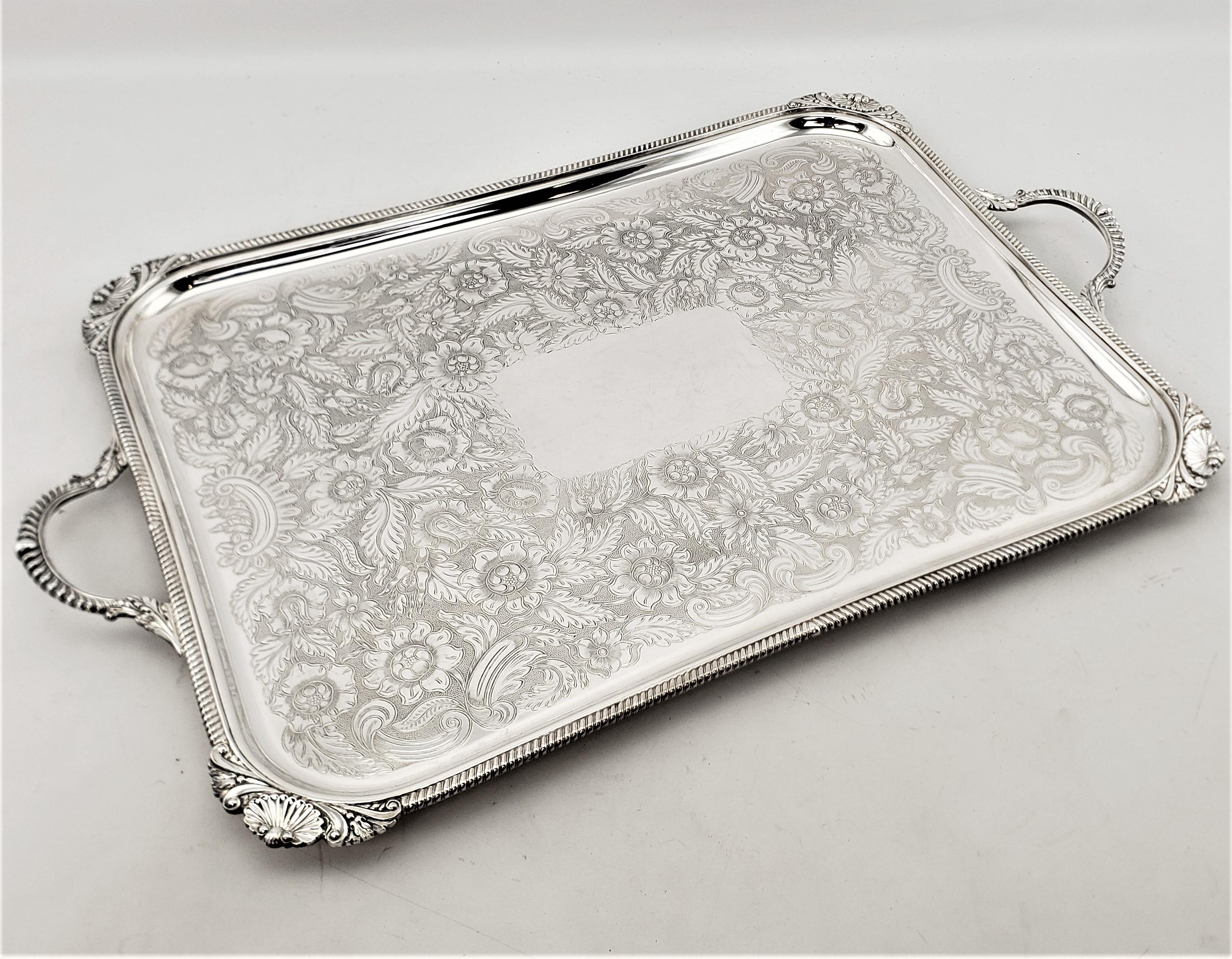 Antique Birks Large Silver Plated Rectangular Serving Tray with Floral Engraving For Sale 7