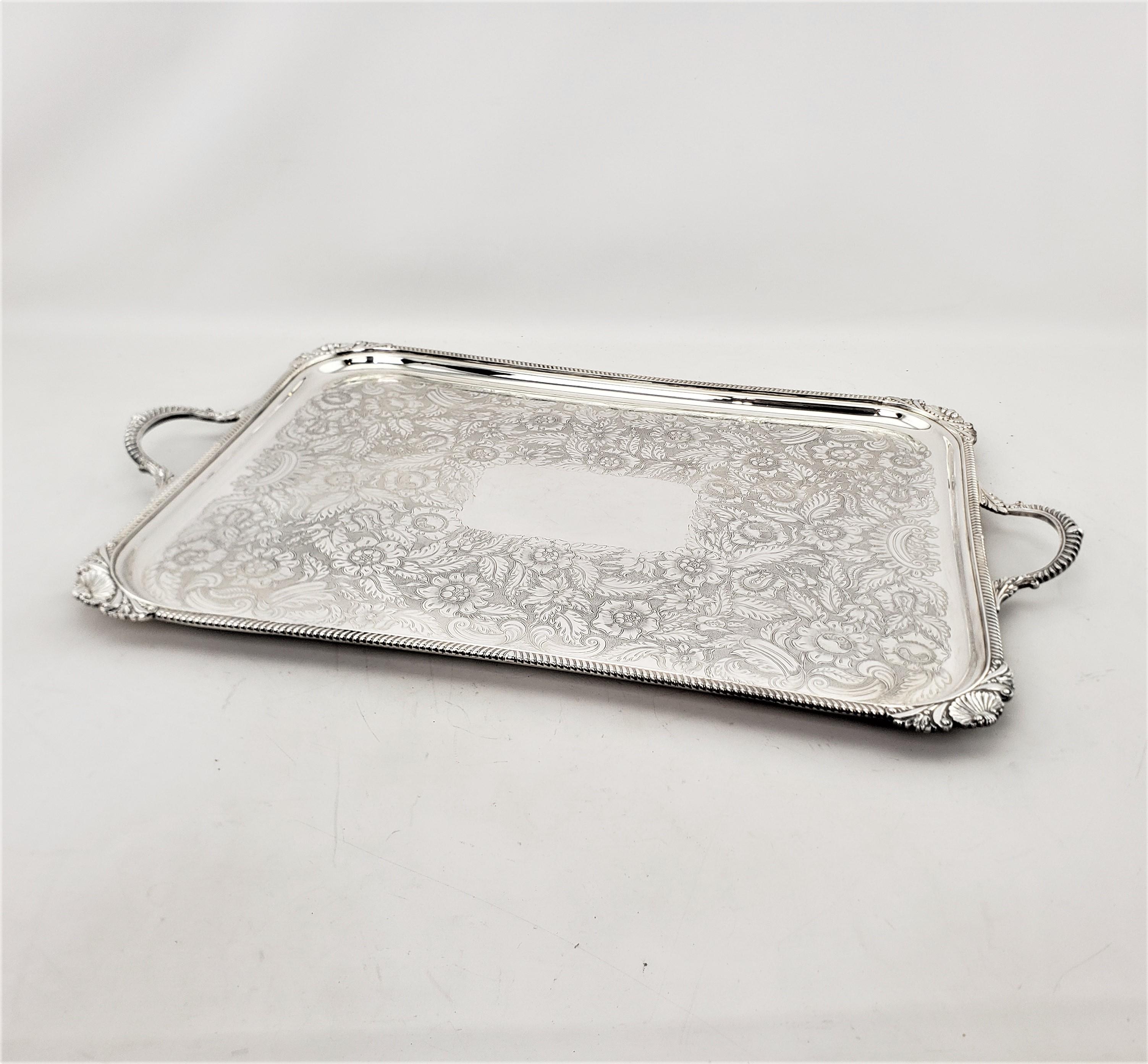 Victorian Antique Birks Large Silver Plated Rectangular Serving Tray with Floral Engraving For Sale