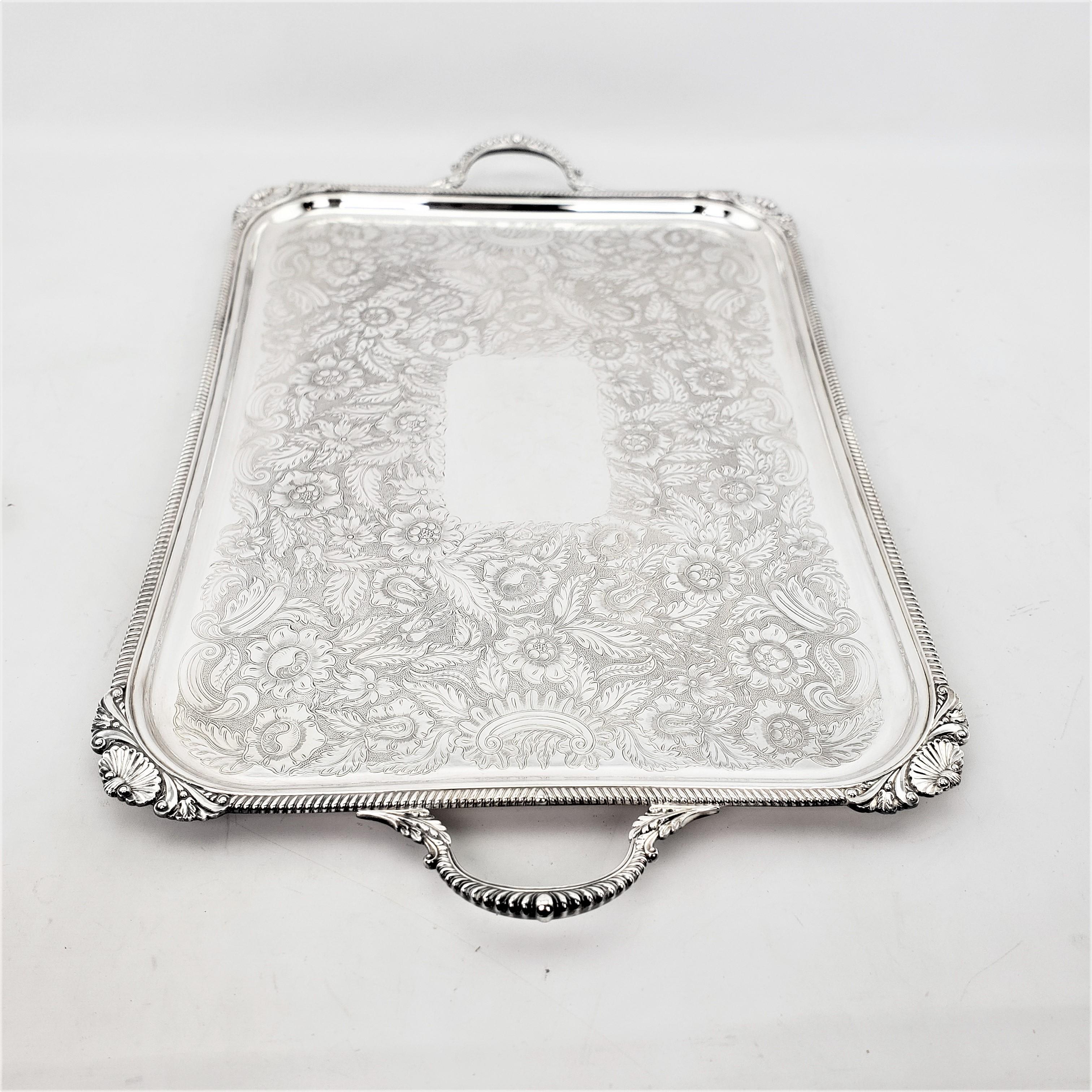 American Antique Birks Large Silver Plated Rectangular Serving Tray with Floral Engraving For Sale