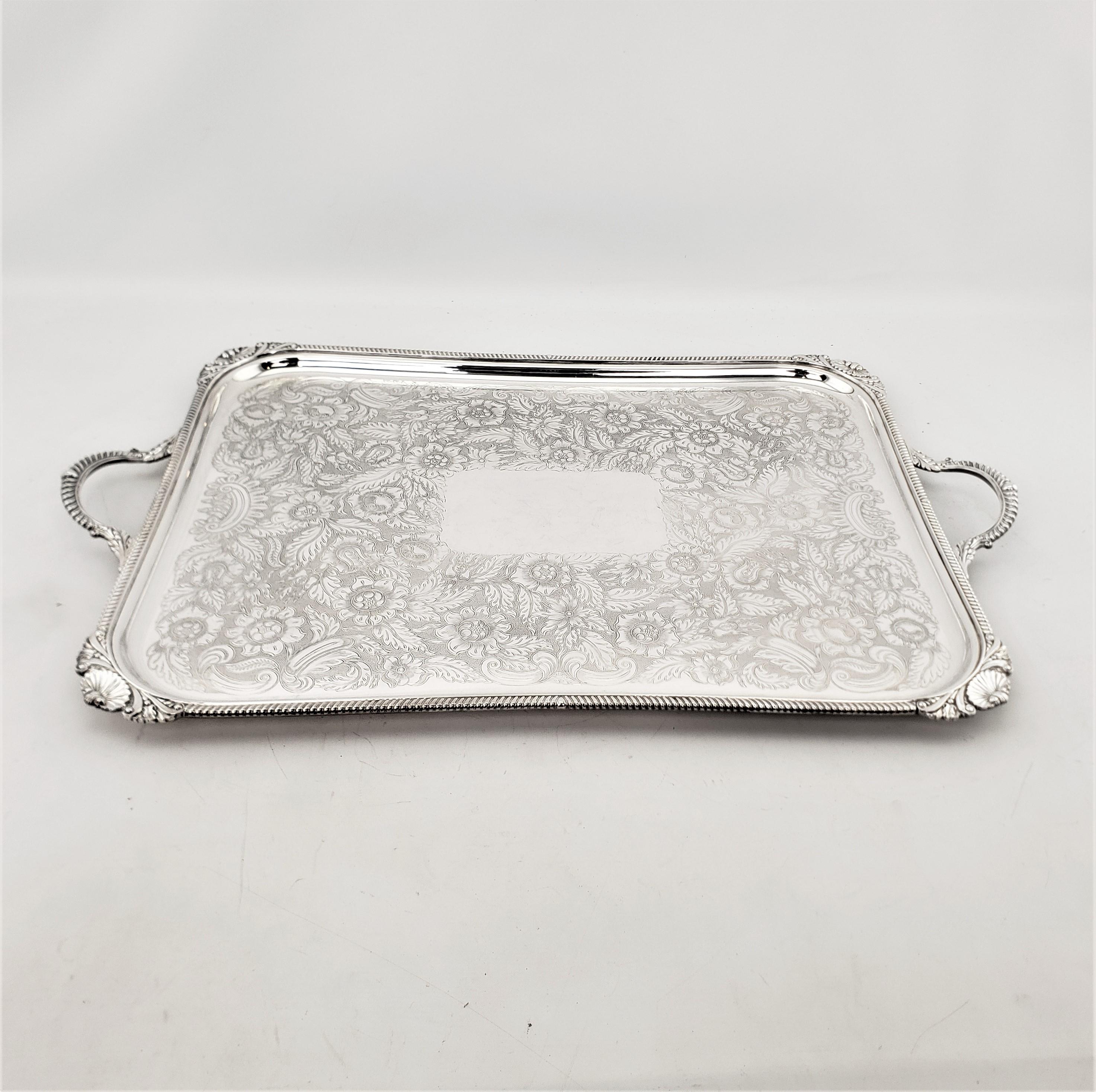 Machine-Made Antique Birks Large Silver Plated Rectangular Serving Tray with Floral Engraving For Sale