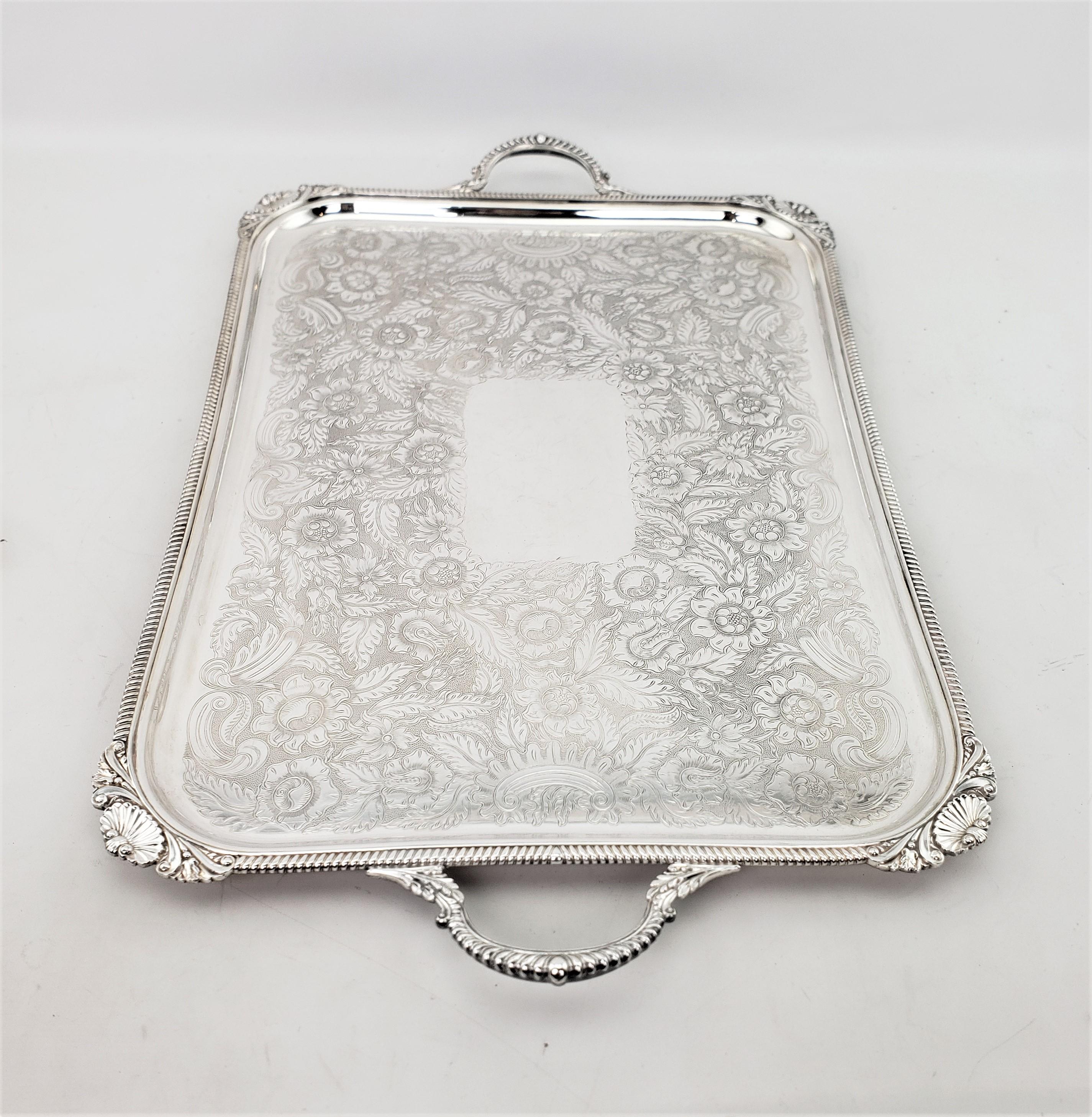 Antique Birks Large Silver Plated Rectangular Serving Tray with Floral Engraving In Good Condition For Sale In Hamilton, Ontario