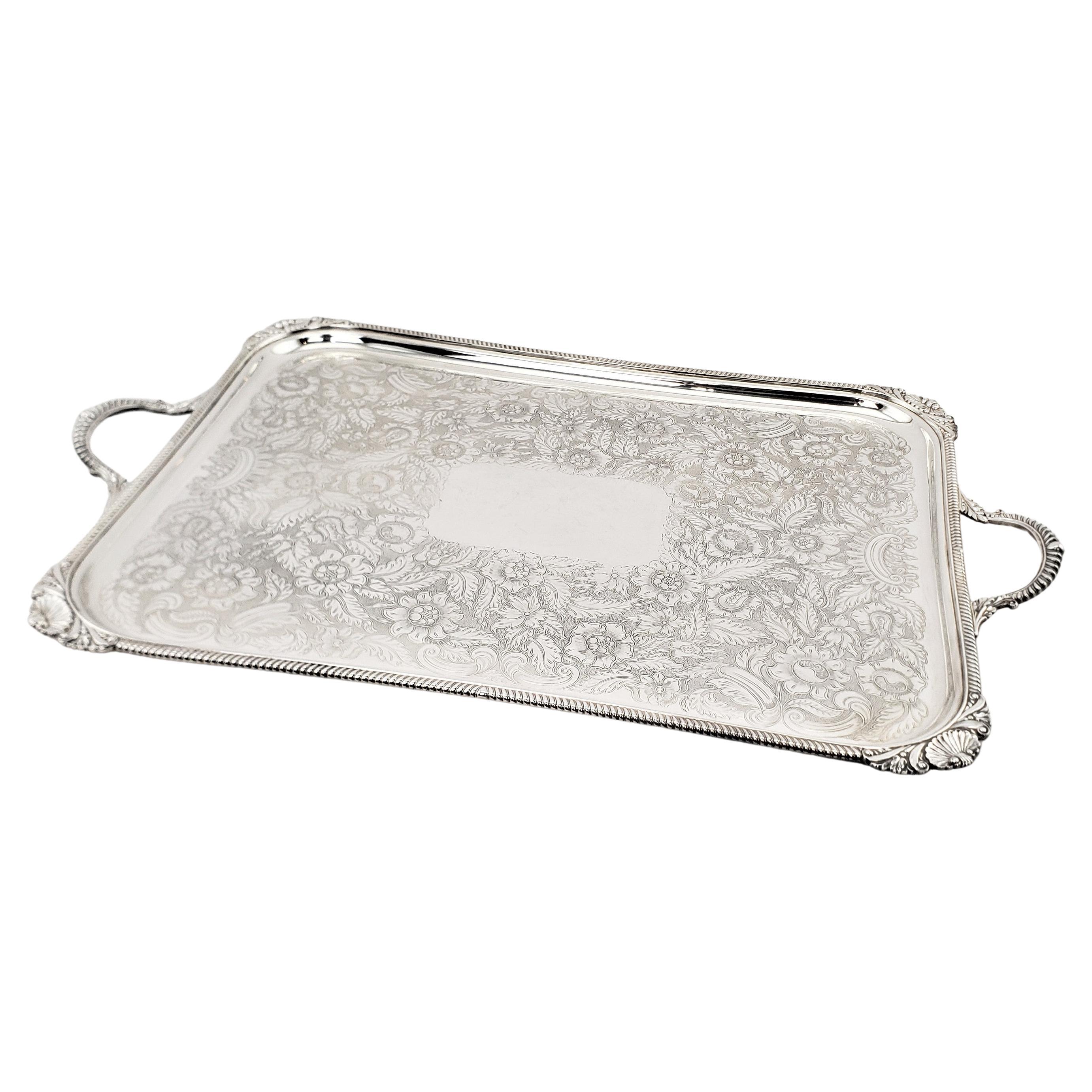 Antique Birks Large Silver Plated Rectangular Serving Tray with Floral Engraving For Sale