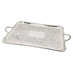 Antique Birks Large Silver Plated Rectangular Serving Tray with Floral Engraving