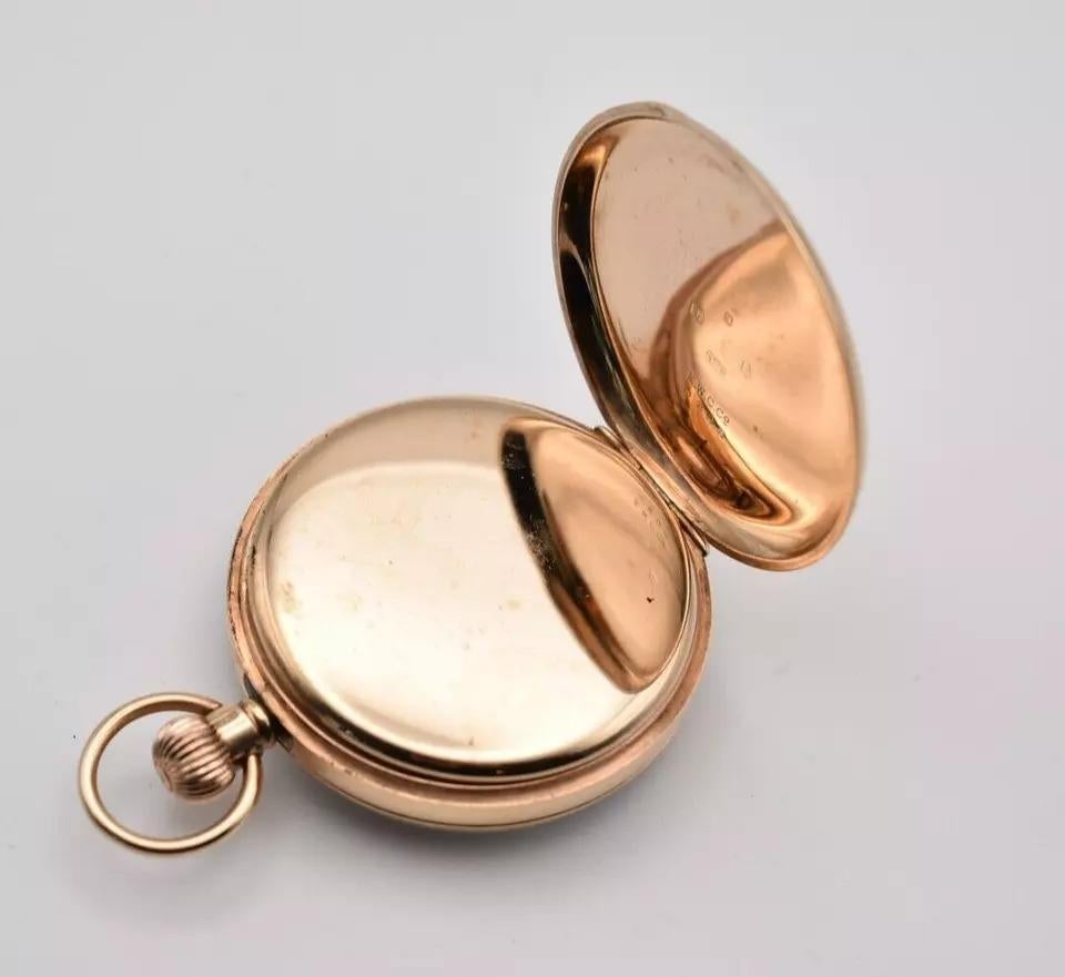 Antique Birmingham 1925. 9ct Gold EWC & Co 15 Jewels Open Faced Pocket Watch In Excellent Condition For Sale In Kenley surrey, GB