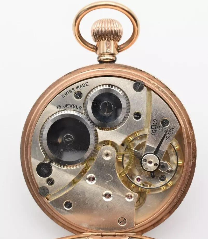 Antique Birmingham 1925. 9ct Gold EWC & Co 15 Jewels Open Faced Pocket Watch For Sale 2