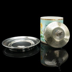 Antique Biscuit Barrel, English, Ceramic, Silver Plate, Kitchen Jar, Victorian