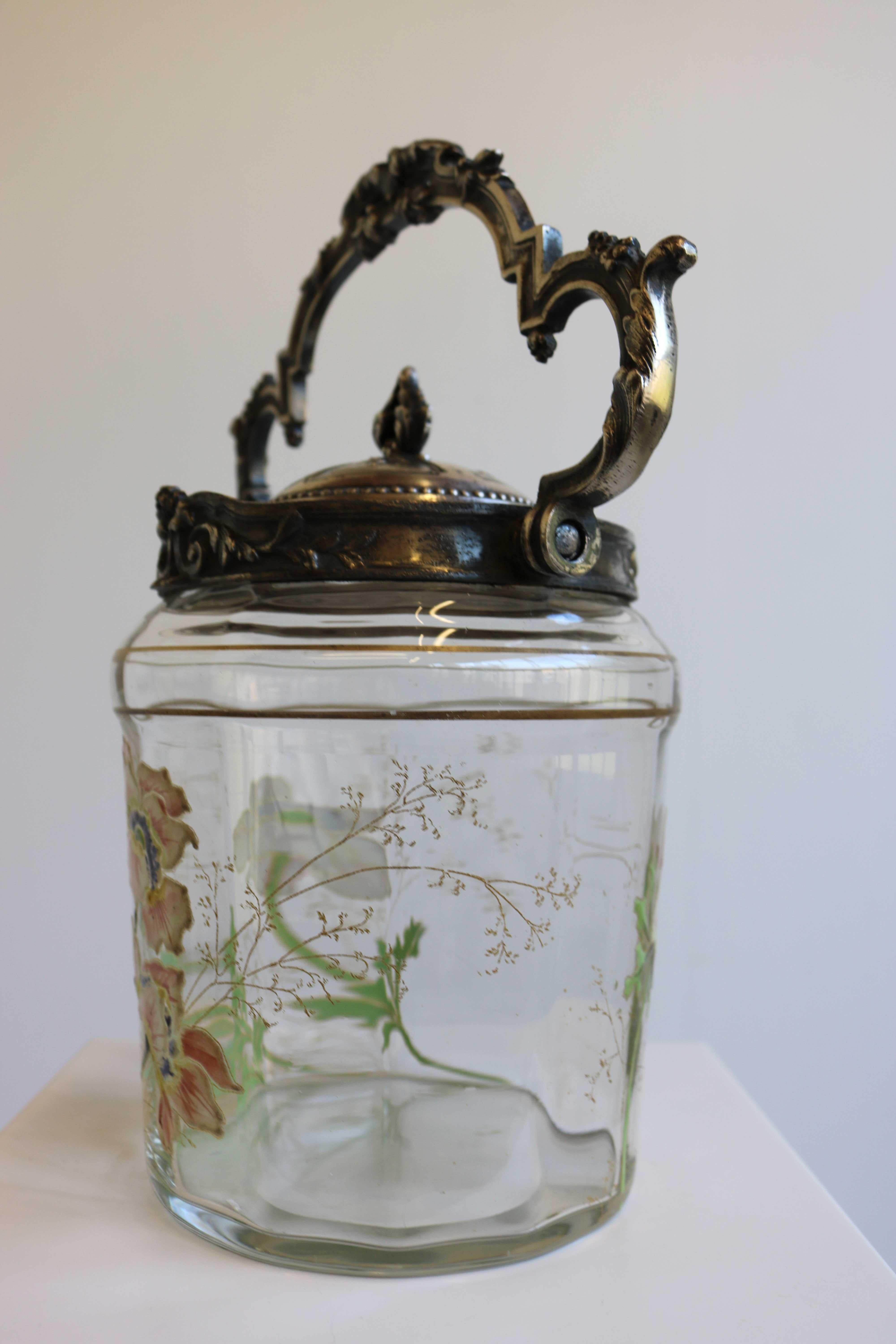 Placcato argento Scatola di biscotti antica, di Armand Fresnais, vetro dipinto a mano in stile Art Nouveau, Francia in vendita