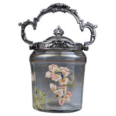 Antique Biscuit Box, by Armand Fresnais, Art Nouveau Hand-Painted Glass, France