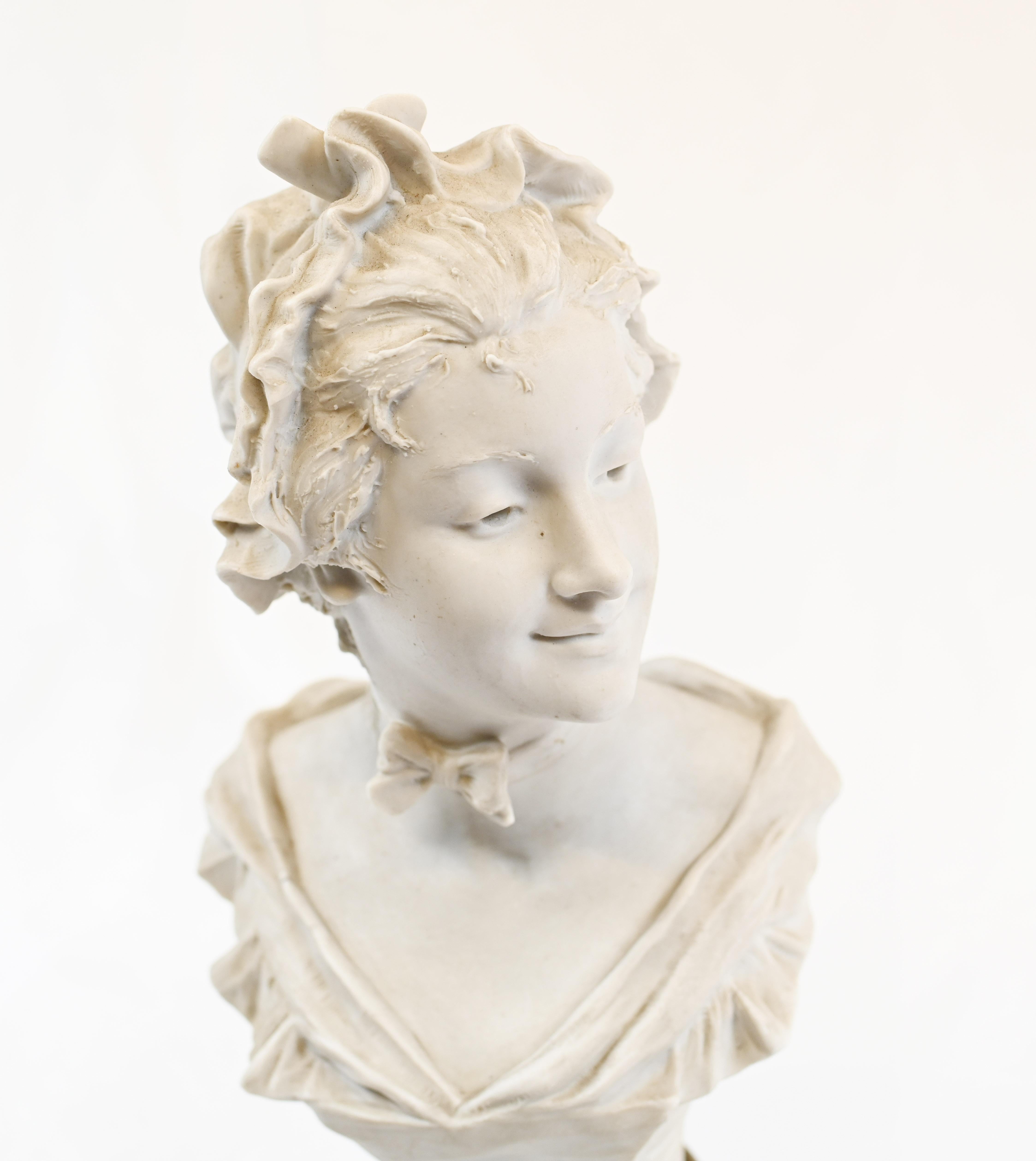 Wonderful Belgium antique biscuit porcelain bust of a young girl
On the base the enscription reads: Dorine Sculp Leop Harze
Léopold Harzé (1831–1893) was a Belgian sculptor who worked in Brussels. He is well known for his terracotta pieces, but